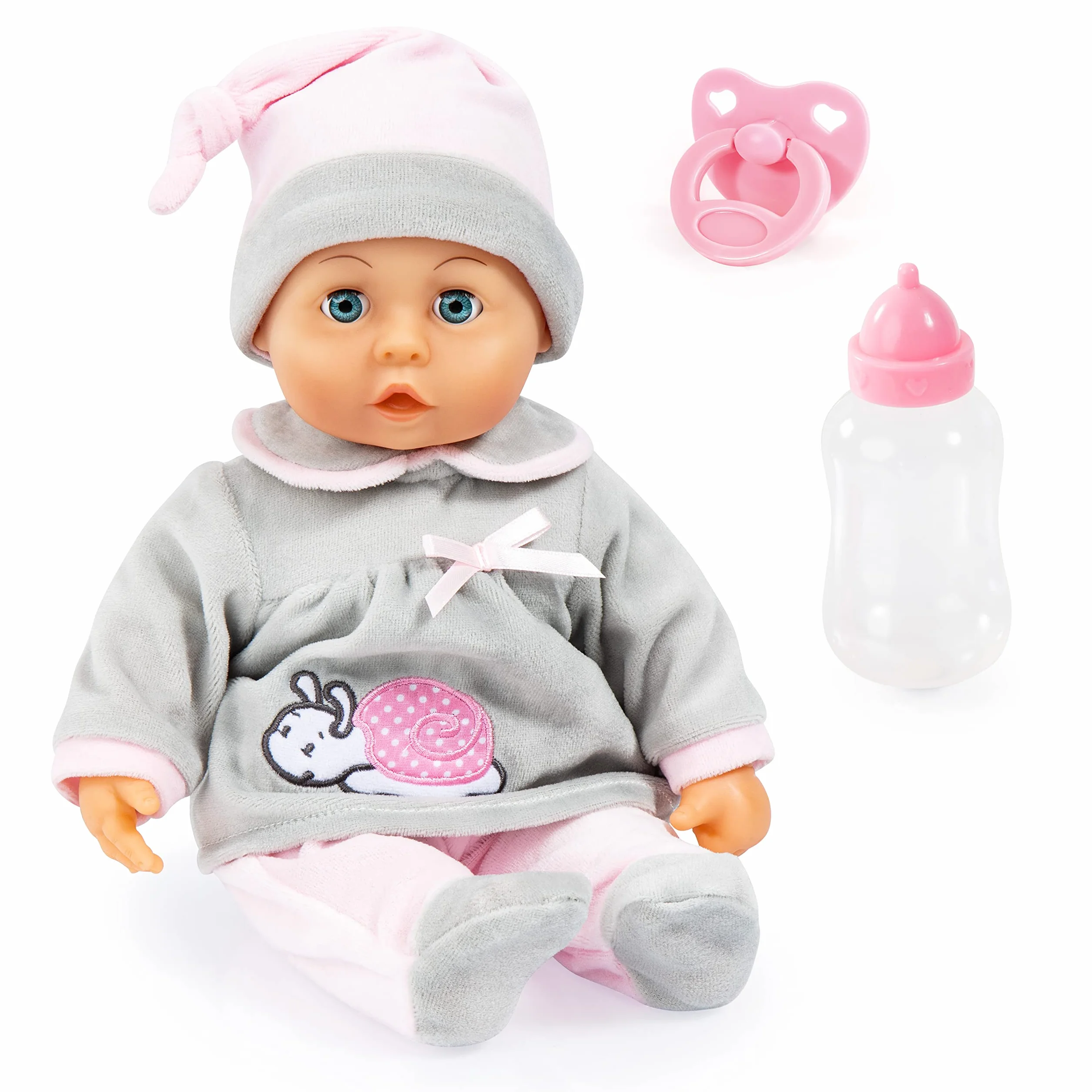 Bayer Design 93824BC Interaktywna lalka, mówiąca, miękkie ciało, zamykające się oczy, smoczek, butelka, 38 cm