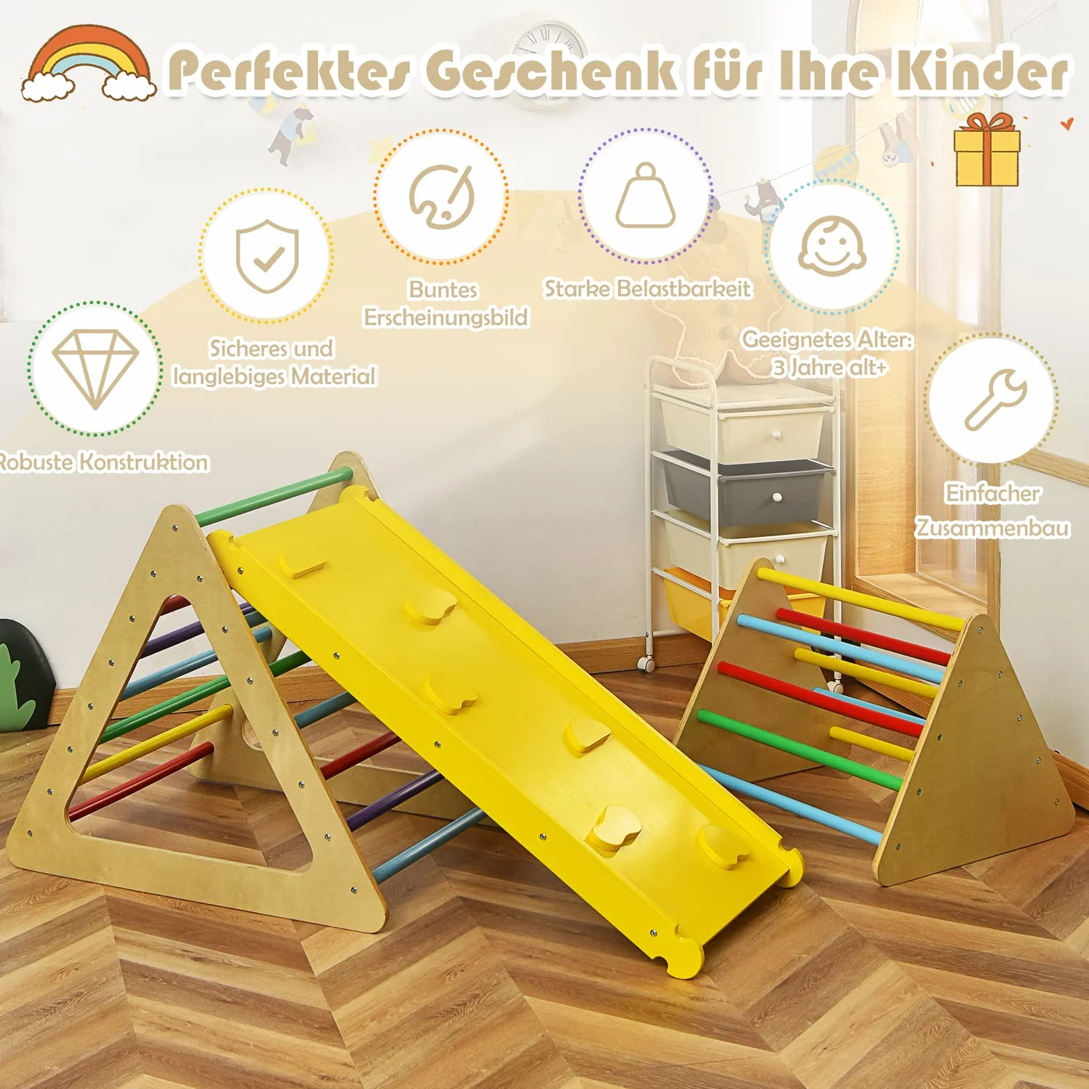 COSTWAY 3 w 1 trójkąt wspinaczkowy i drabinka i zjeżdżalnia, urządzenie do wspinaczki z dwustronną rampą, trójkąt z prętami do wspinaczki i zjeżdżalni, dla małych dzieci od 3 lat (wielokolorowe)