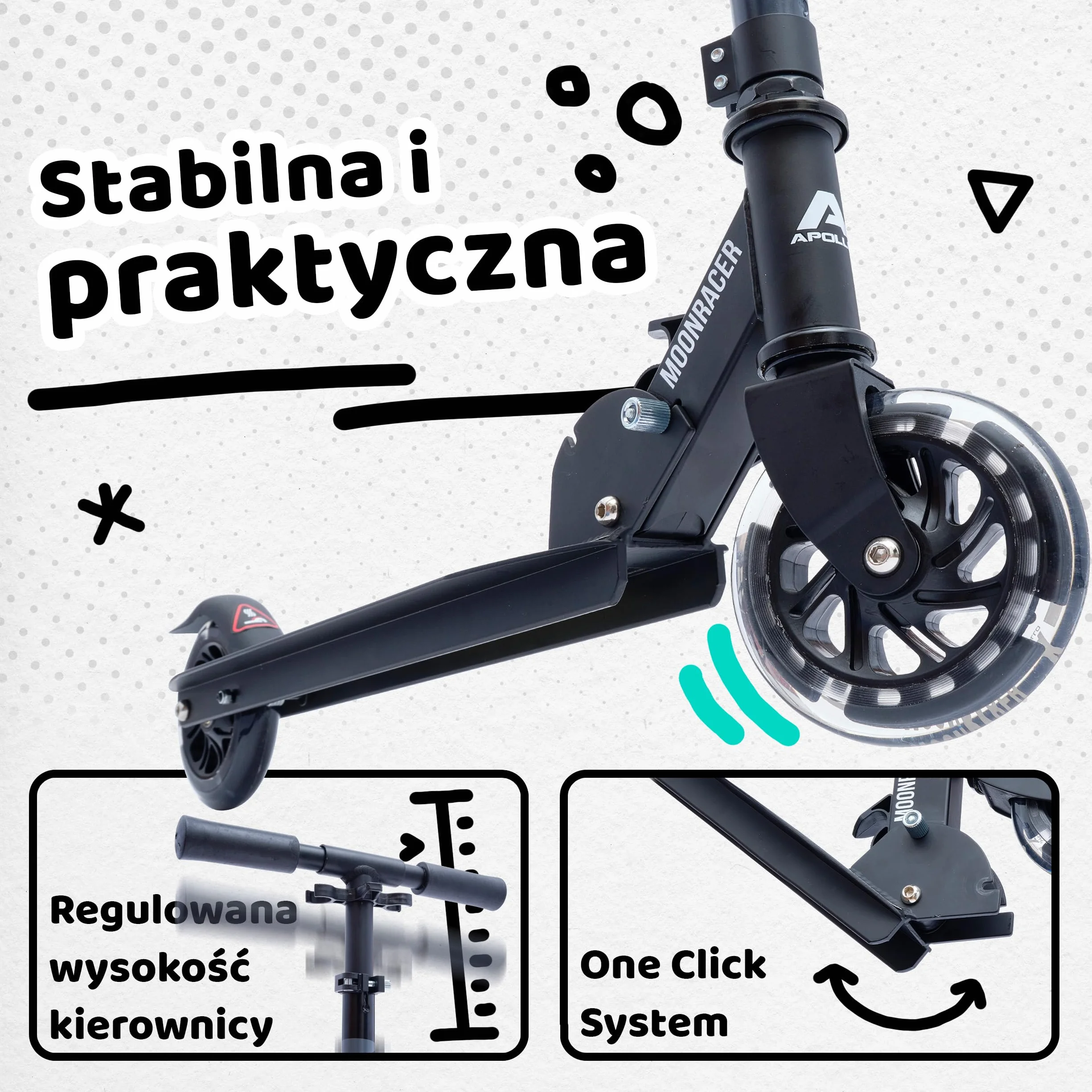Apollo Hulajnoga dla Dzieci LED Moonracer, Składana Hulajnoga Dziecięca, Hulajnoga dla Dziewczynki i Chłopca, Hulajnoga dla 4 Latka, Hulajnoga Led Świecące Koła, Składana Hulajnoga