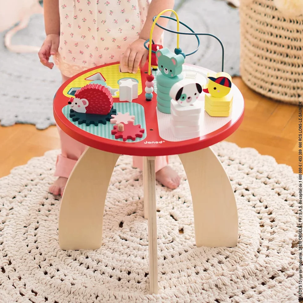 Janod Wooden Activity Table ‘Baby Forest’ - Large Early Learning Centre for Stacking, Dexterity with Maze, Cubes, Gear System and 3 Wooden Animals - From 1 Year Old, J08018