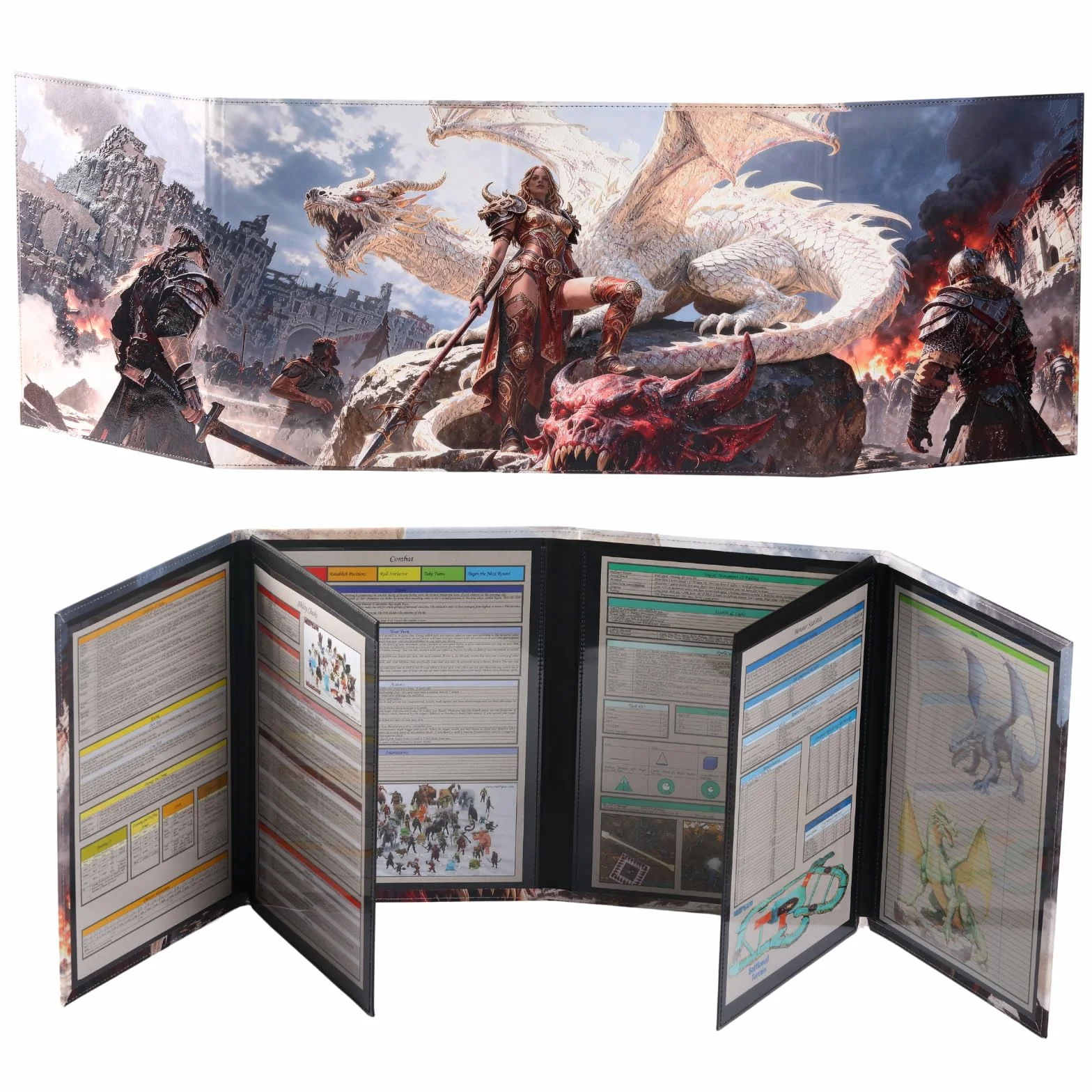 DND 5e DM ekran 8-panelowy sztuczna skóra deluxe z kołyszącymi się kieszeniami na mokro i Dungeon Master Cheat Sheets Dungeons and Dragons GM Terrain Accessories D&D prezent dla mistrzów gier TTRPG