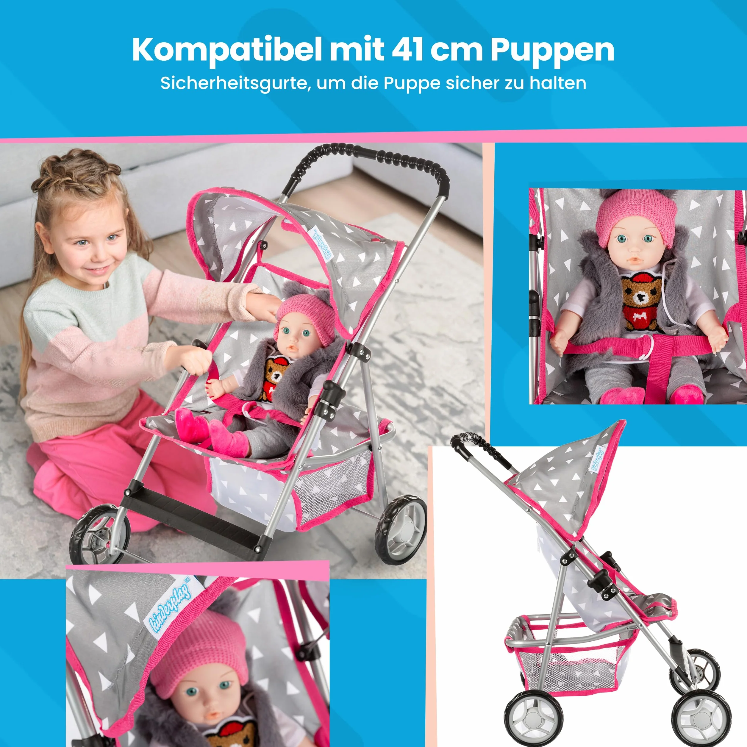 Kinderplay Wózek dla lalek, wózek dziecięcy, wózek dla lalek, wózek z pasem bezpieczeństwa i siatką na zakupy – zabawka dla niemowląt, nowoczesne, lekko obracające się kółka i miękka rękojeść, KP0280S