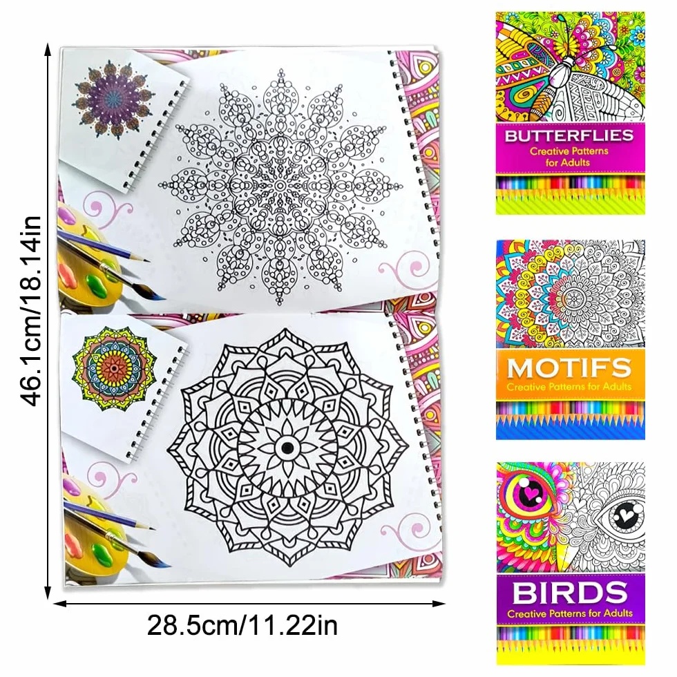 burkfeeg 3 sztuki kolorowanek dla dorosłych, kolorowanka dla dorosłych, format A4, motyle, sowa, mandala, kolorowanka, redukcja stresu i relaksu