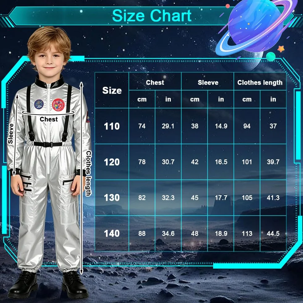 Kostium astronauta dla dzieci srebrny kosmiczny na karnawał Halloween Cosplay 3-12 lat