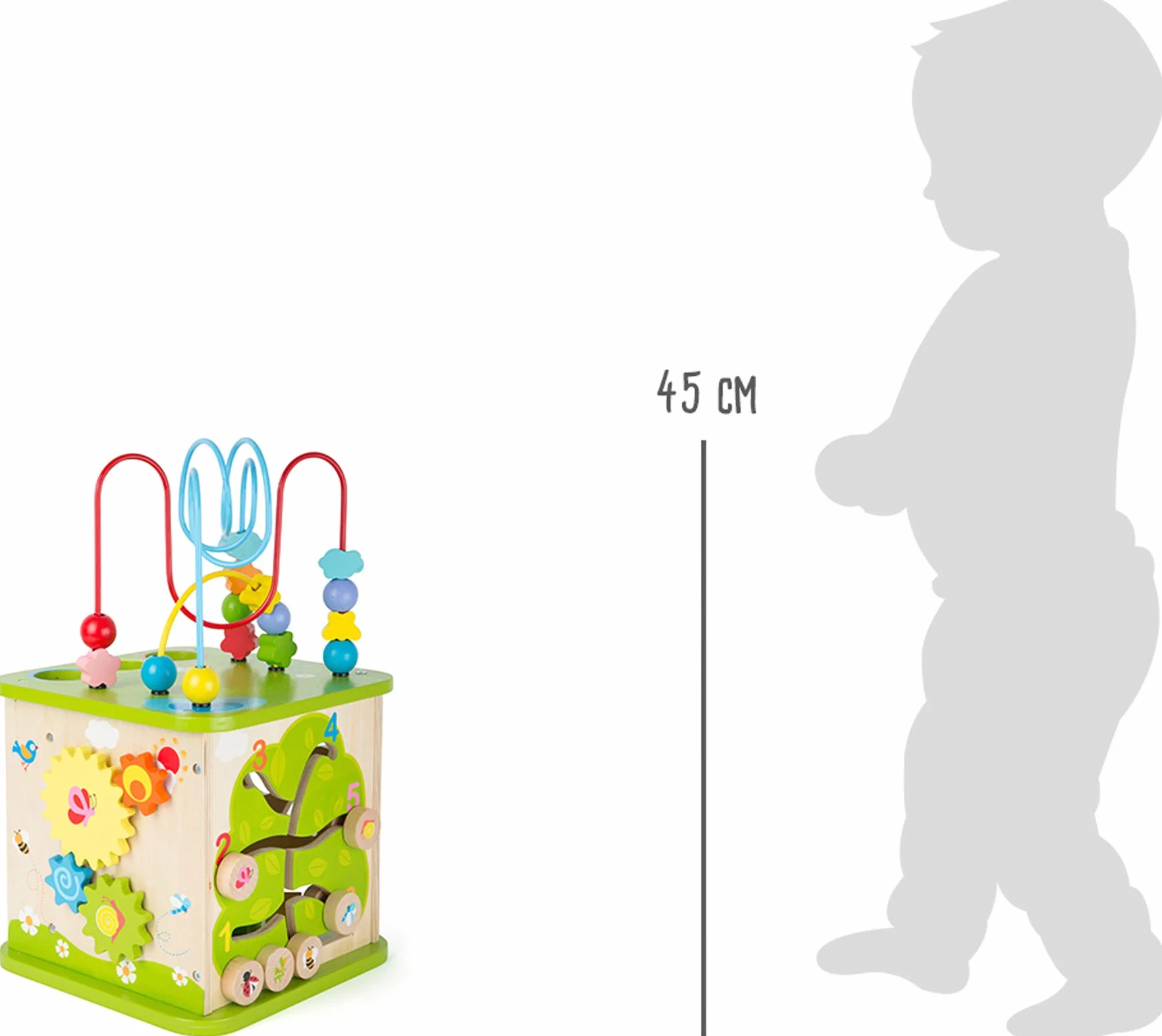 small foot Kostka motoryczna ze stabilnego drewna z pięcioma stronami, z pętlami motorycznymi i kulkami, 10605