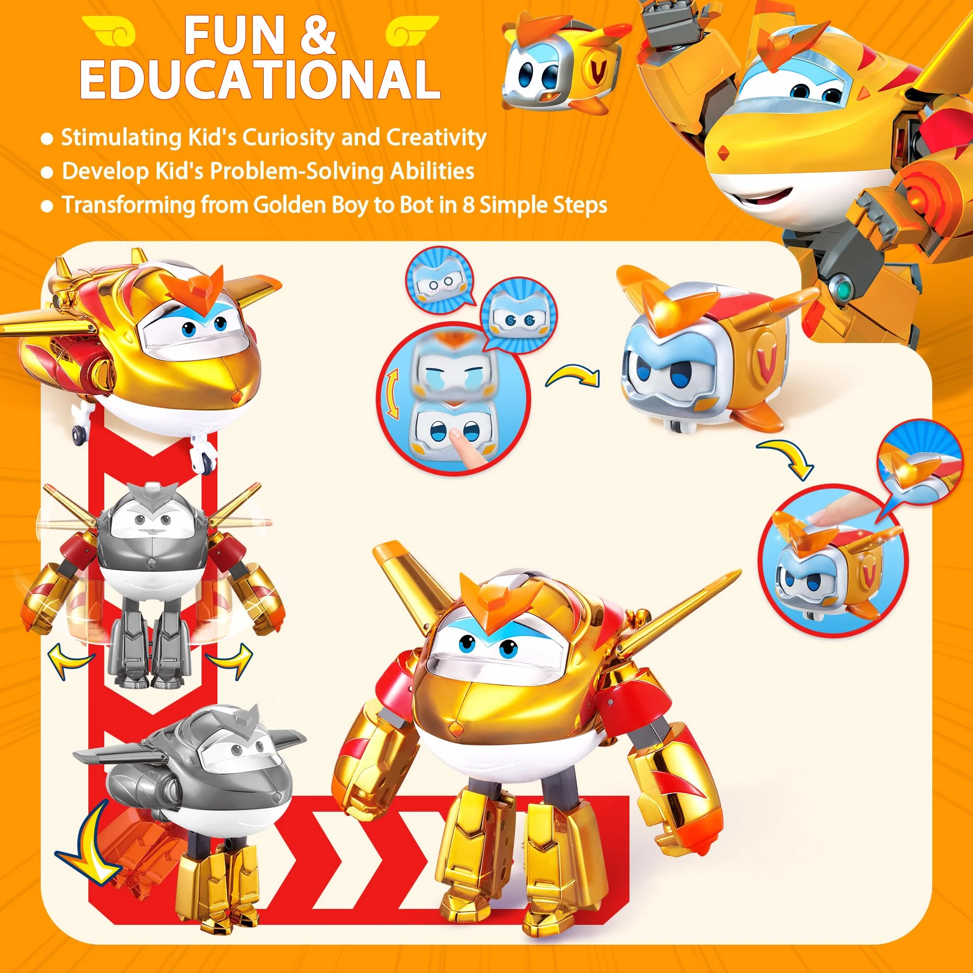 Super Wings EU770441 - Transforming Golden Boy & Pet, transformująca figurka zabawki, około 12 cm, ze zwierzęciem domowym około 4,3 cm, dla dzieci od 3 lat