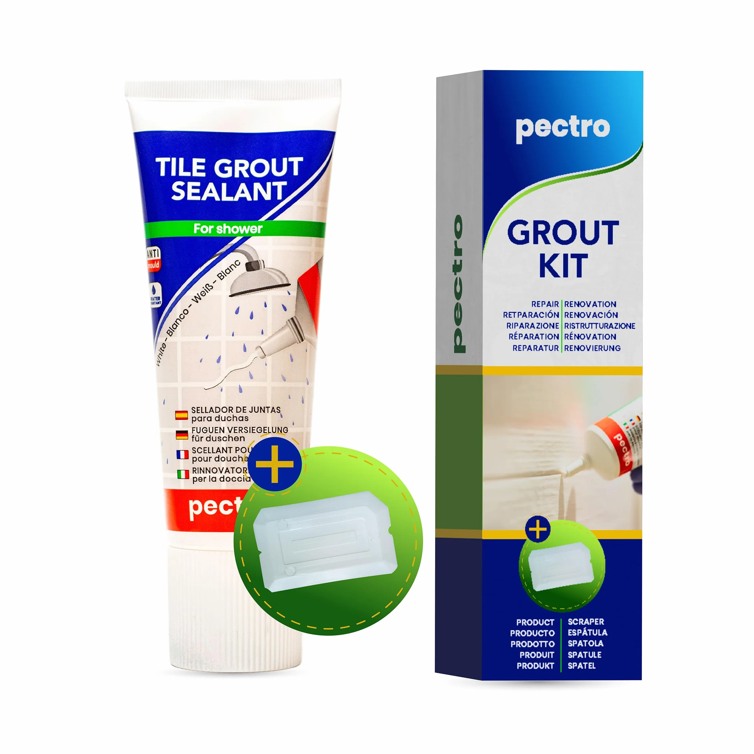 PECTRO Zestaw do renowacji fug + szpatułka do płytek specjalna do prysznica, 200 ml (ZESTAW x 1)