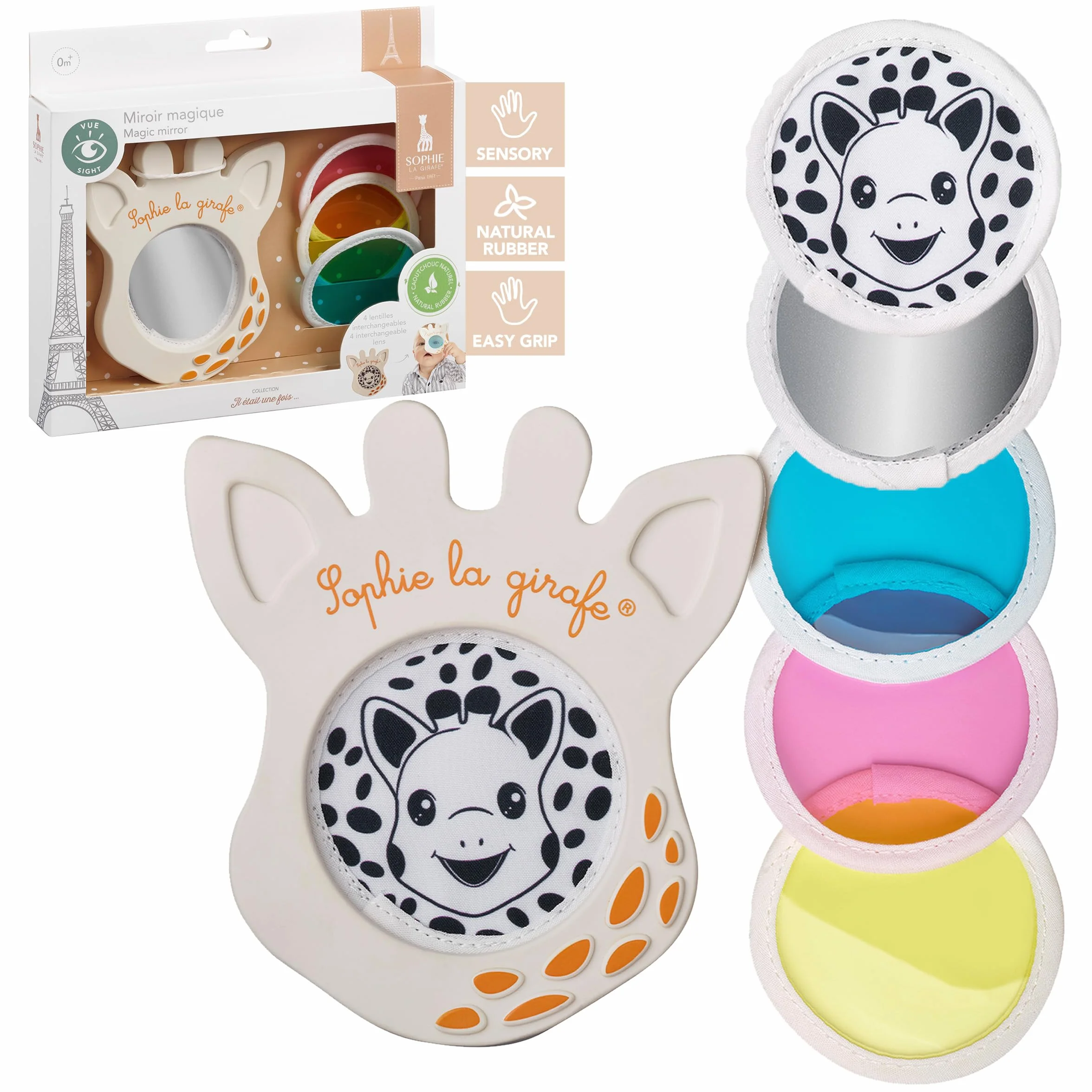 Sophie la Girafe - Magiczne lusterko Sophie la Girafe - Zestaw przebudzenia - 4 wymienne soczewki - Guma - Dla dzieci od 0 miesięcy