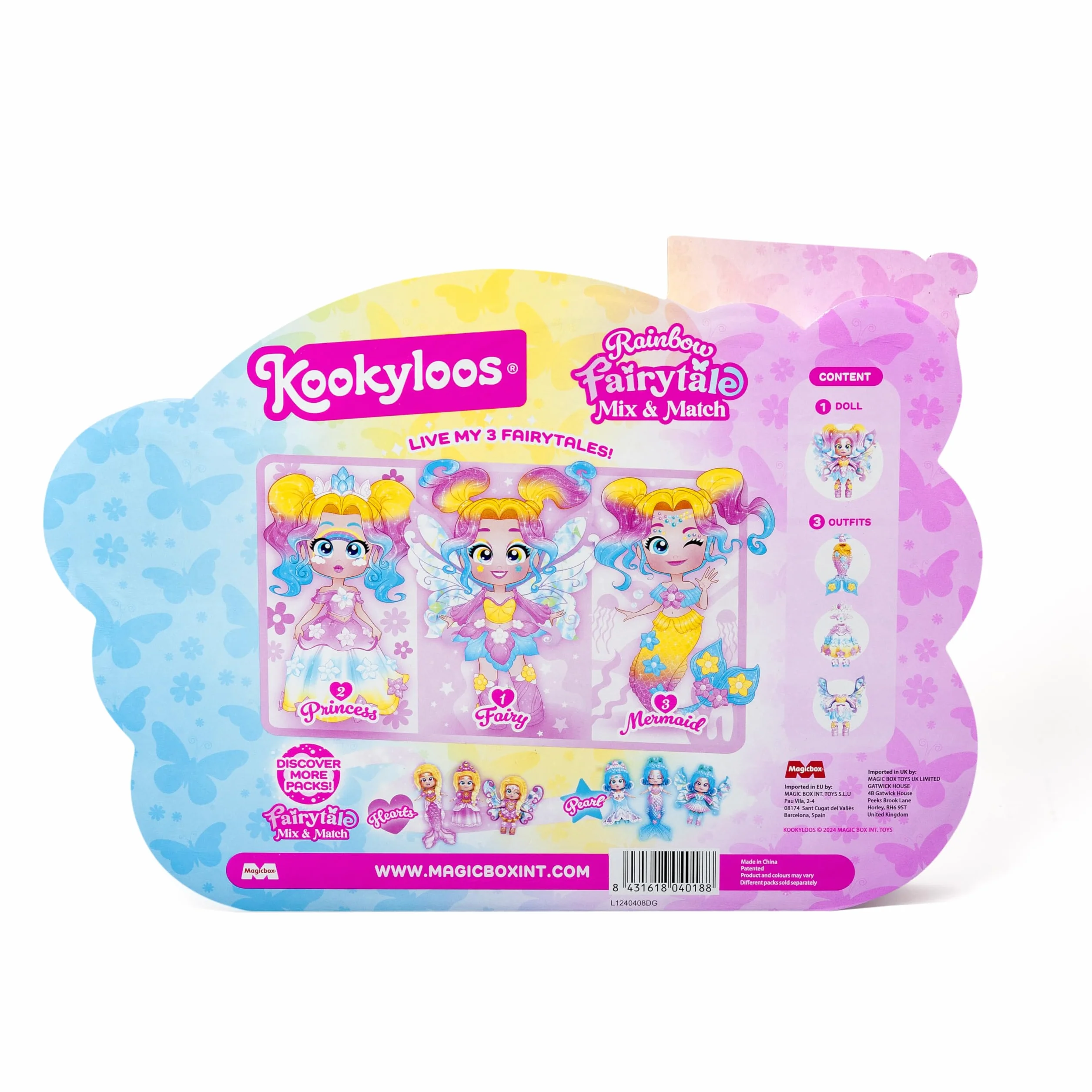 KOOKYLOOS Fairytale Mix & Match Rainbow – lalka fantasy 3 w 1, zawiera 1 lalkę, 1 kostium księżniczki, 1 strój syrenki i 1 strój wróżki
