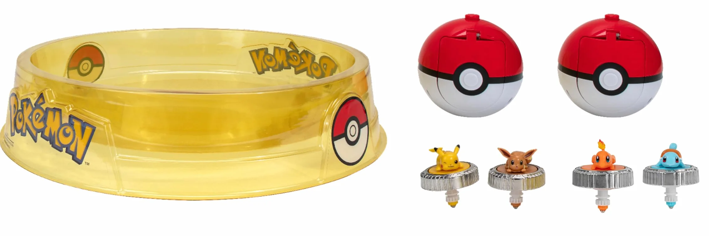Bandai - Pokémon Arena + 4 Spinnery w Zestawie - 2 Wyrzutnie Pokéball + 4 Bączki Pikachu, Evoli, Caparchip i Salamche - Fighting - Zabawka Dla Dzieci 4 Lata i + JW4411