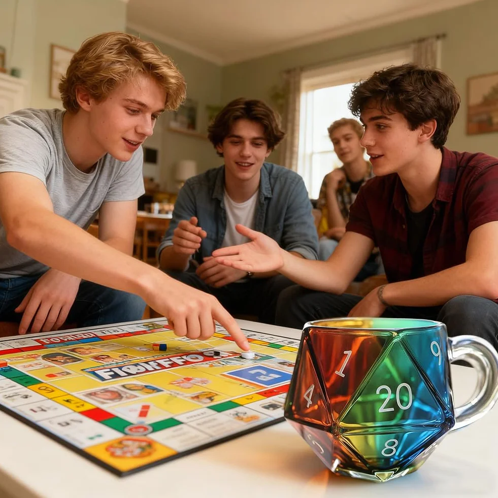 D20 kubek na kości - 20-stronny tęczowy wielościenny kubek z uchwytem dla fanów gier fabularnych i fantasy, prezent na wieczór gier