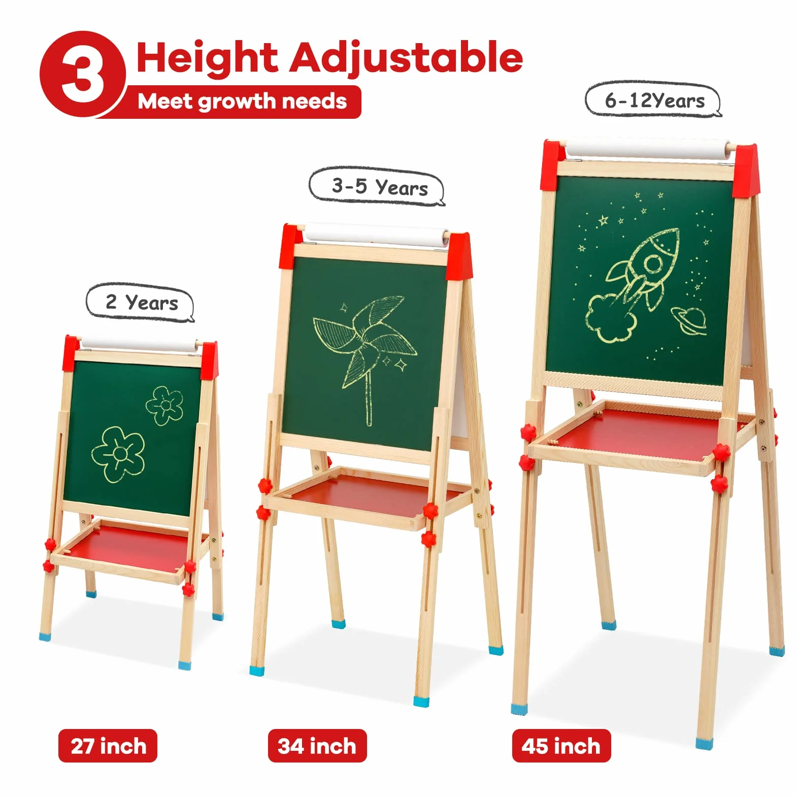 Sztaluga dziecięca 3 w 1, drewniana tablica z rolką papieru, dwustronna, z regulacją wysokości, tablica stojąca 68-114 cm, uniwersalna tablica dla dzieci z akcesoriami do malowania, tablica do