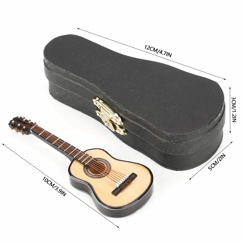 Miniaturowy Model Gitary, Mini Drewniana Gitara Model Instrumentu Muzycznego dla Dzieci Akcesoria do Domku dla Lalek ze Stojakiem i Etui do Dekoracji na Blat 10 Cm
