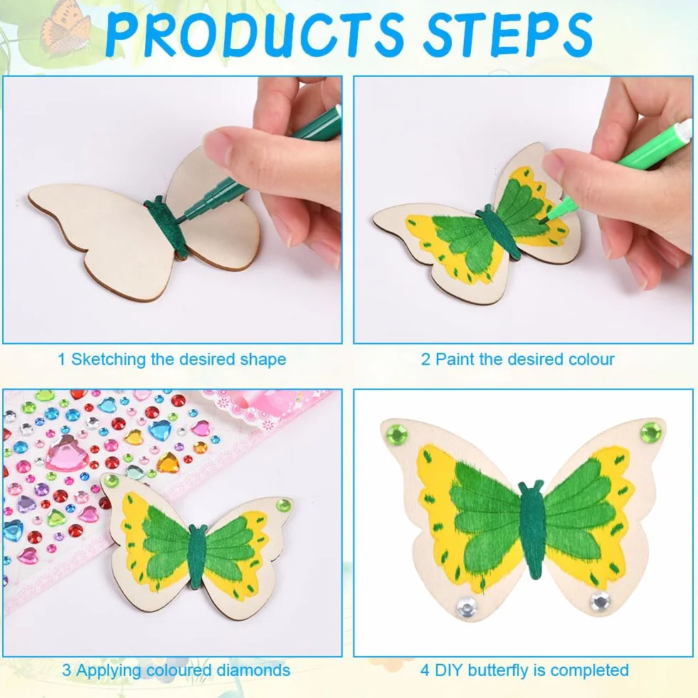 Ainiv 24 szt. DIY Drewniany motyl, Drewniane zestawy do robótek ręcznych z motylami z kredką akwarelową i samoprzylepnym kamieniem szlachetnym, Rękodzieło DIY, Prezenty dla dziewcząt i chłopców