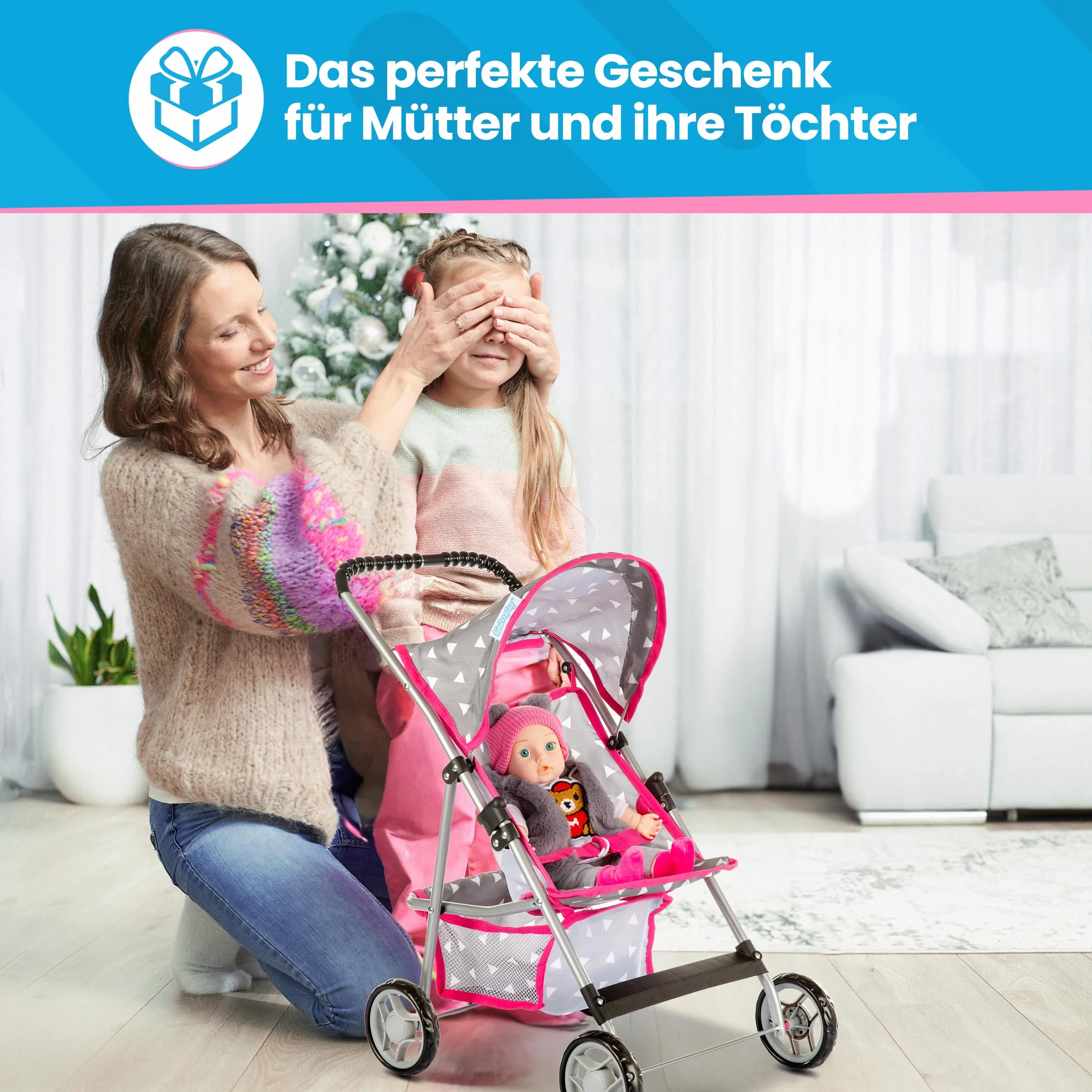 Kinderplay Wózek dla lalek, wózek dziecięcy, wózek dla lalek, wózek z pasem bezpieczeństwa i siatką na zakupy – zabawka dla niemowląt, nowoczesne, lekko obracające się kółka i miękka rękojeść, KP0280S