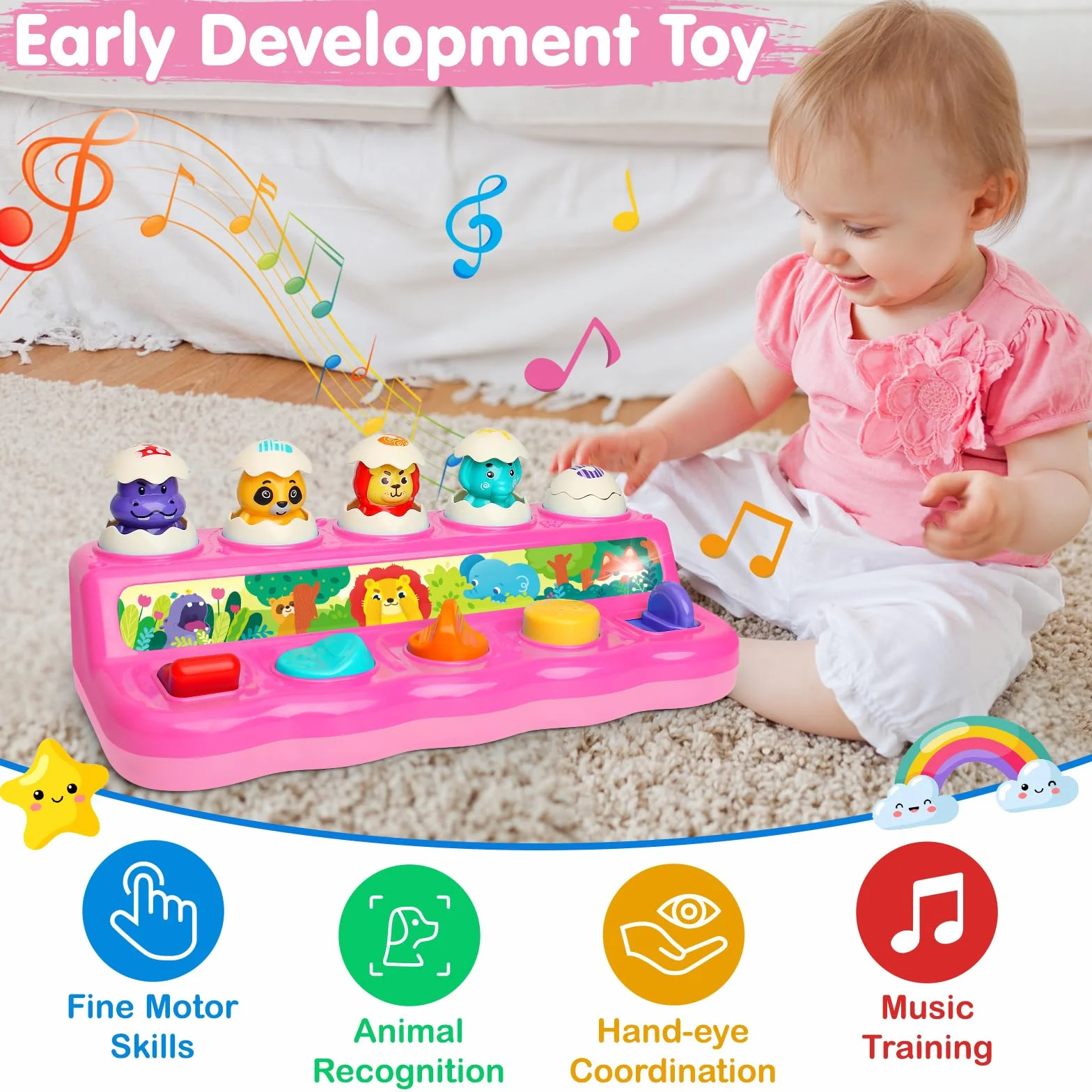 Yerloa Pop Up Baby Montessori zabawka dla dziewczynki od 1 roku życia, zabawka motoryczna, zabawka edukacyjna dla dzieci 6, 9, 12 miesięcy, zabawka muzyczna z muzyką i światłem, prezent na Wielkanoc