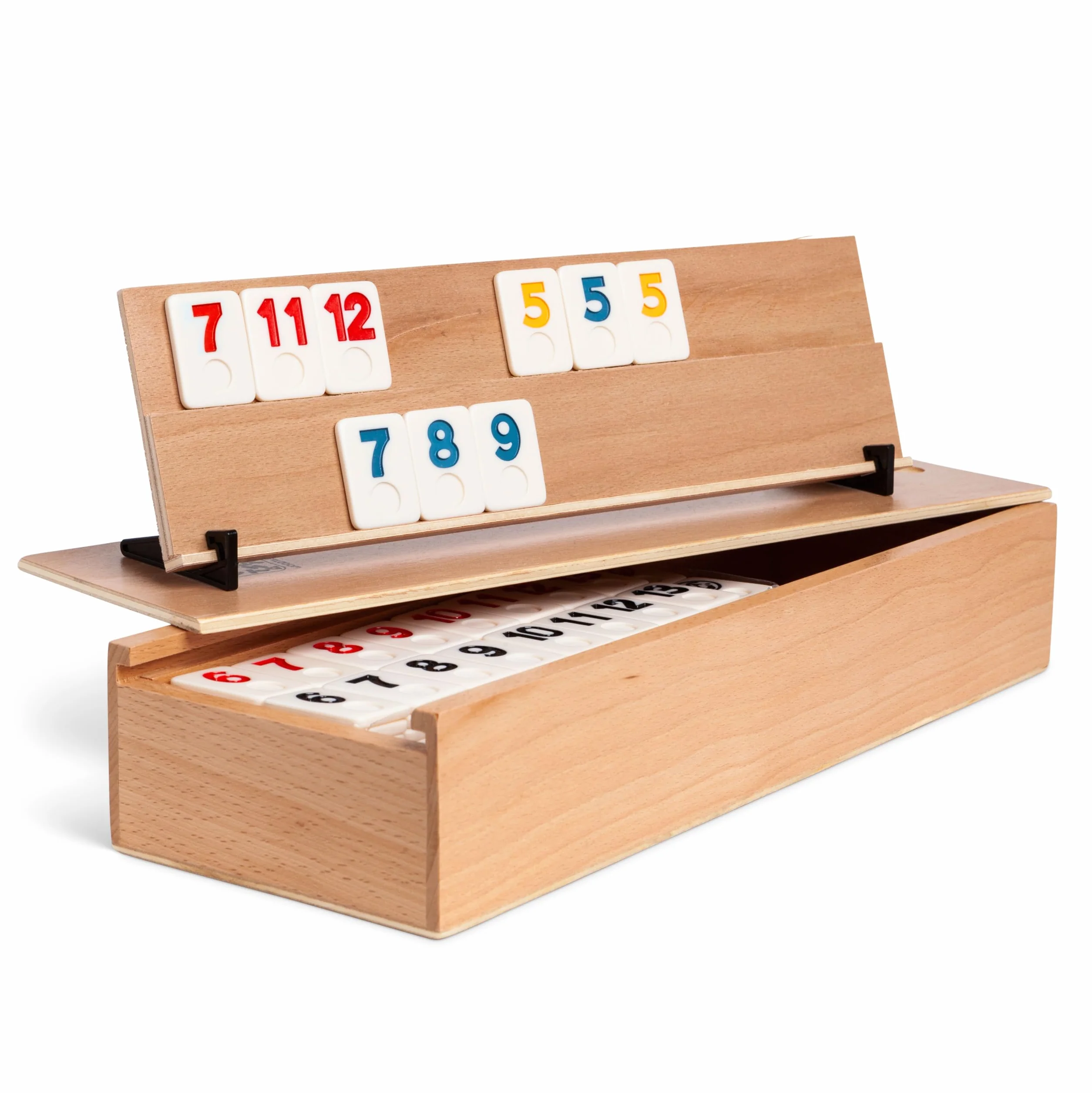 Rummy Holz gra – wysokiej jakości gra planszowa z litego drewna bukowego ze 106 wytrzymałymi płytkami