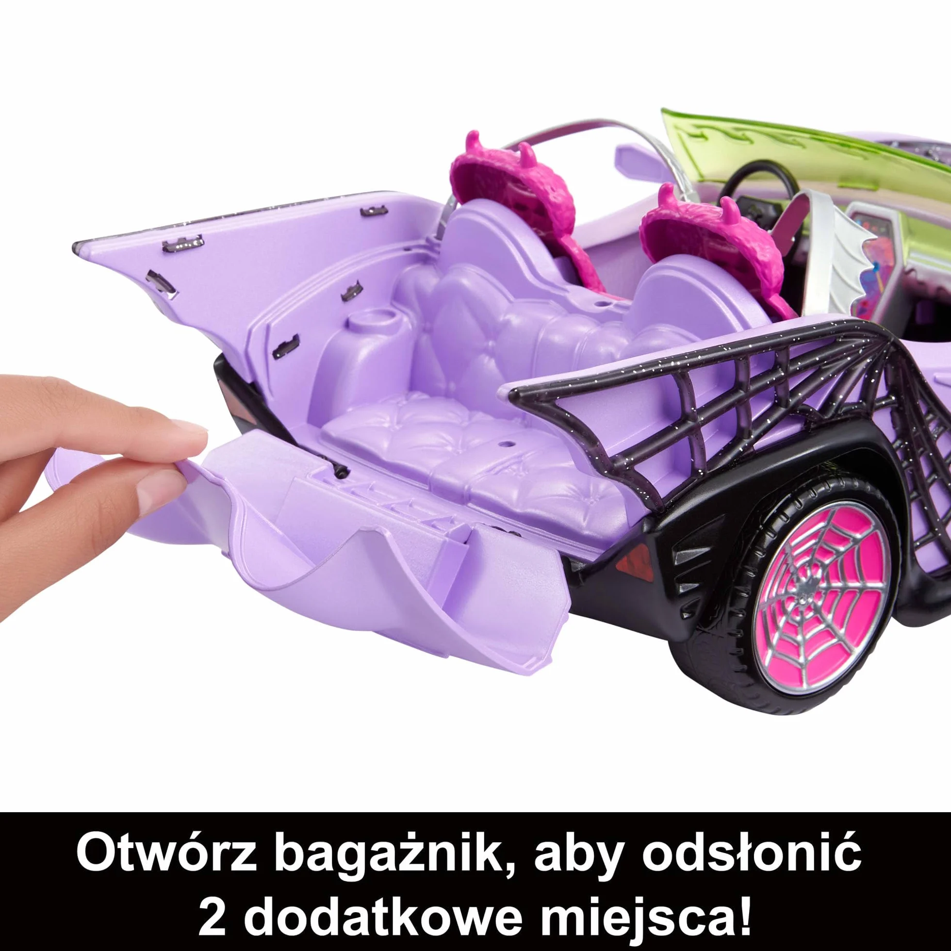 Monster High Fioletowy kabriolet z pajęczą siecią oraz zwierzątkiem i lodówką turystyczną. HHK63