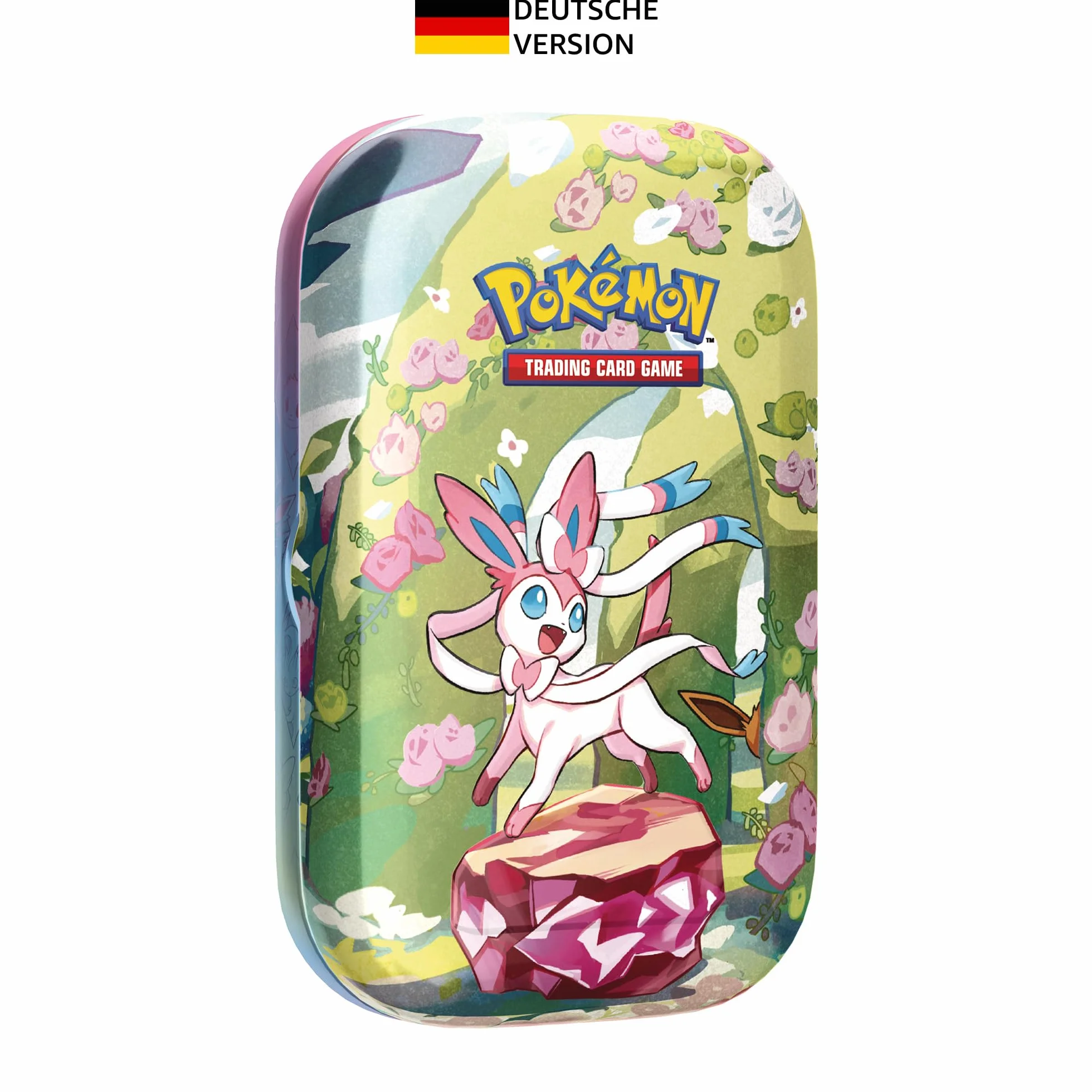 Pokémon - Gra karciana kolekcjonerska: Mini-Tin-Box Karmesin & Purpur – Pryzmatyczne zmiany: Feelinara (2 boosterpacks i 1 moneta)