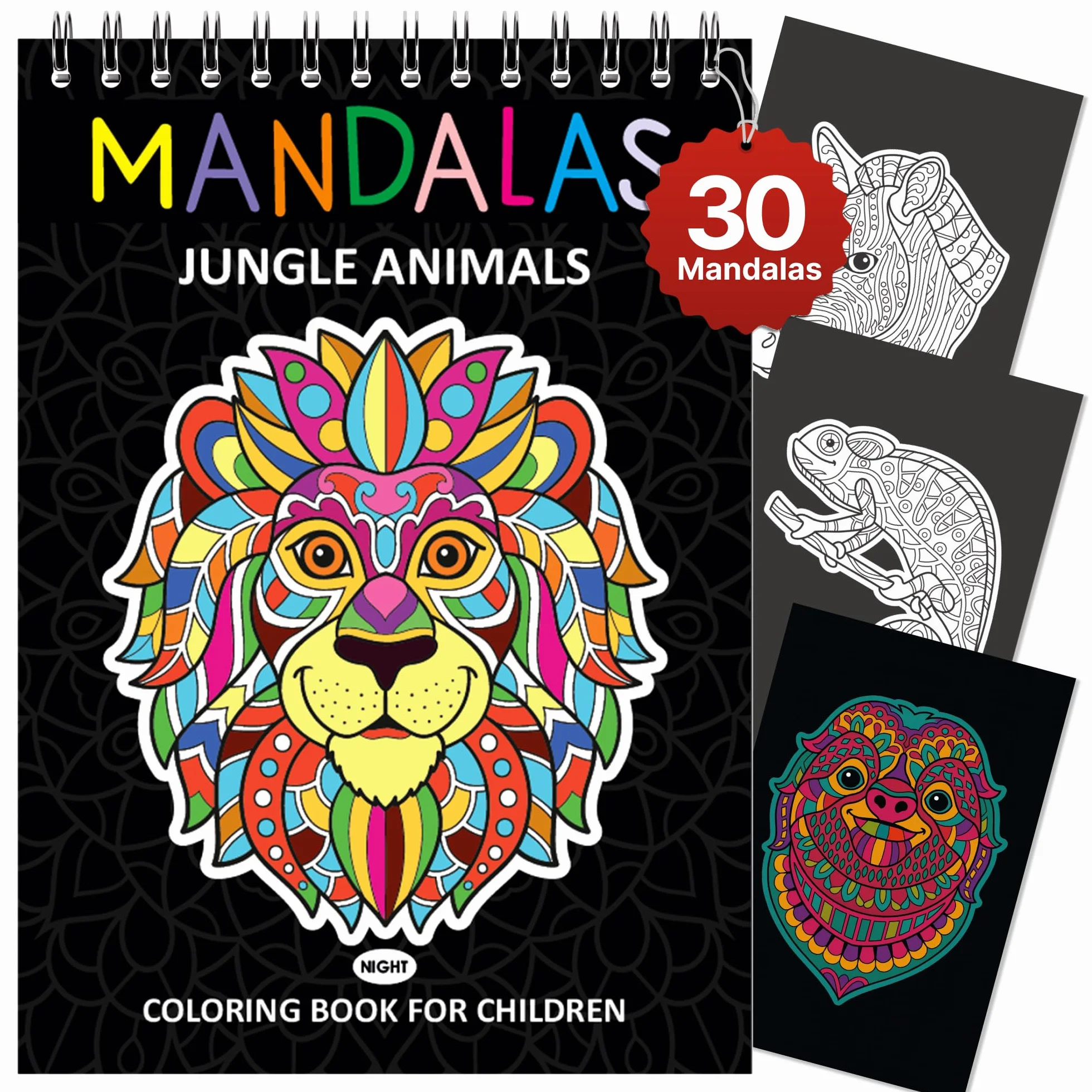 Finoly Mandala Kolorowanka dla Dzieci z 30 Wzorami | Kolorowanka ze Zwierzęcymi Mandalami | Mandala Kolorowanki dla Dzieci z DżungliZwierzętami A4 | Papier Premium | Spiralne Wiązanie | Noc