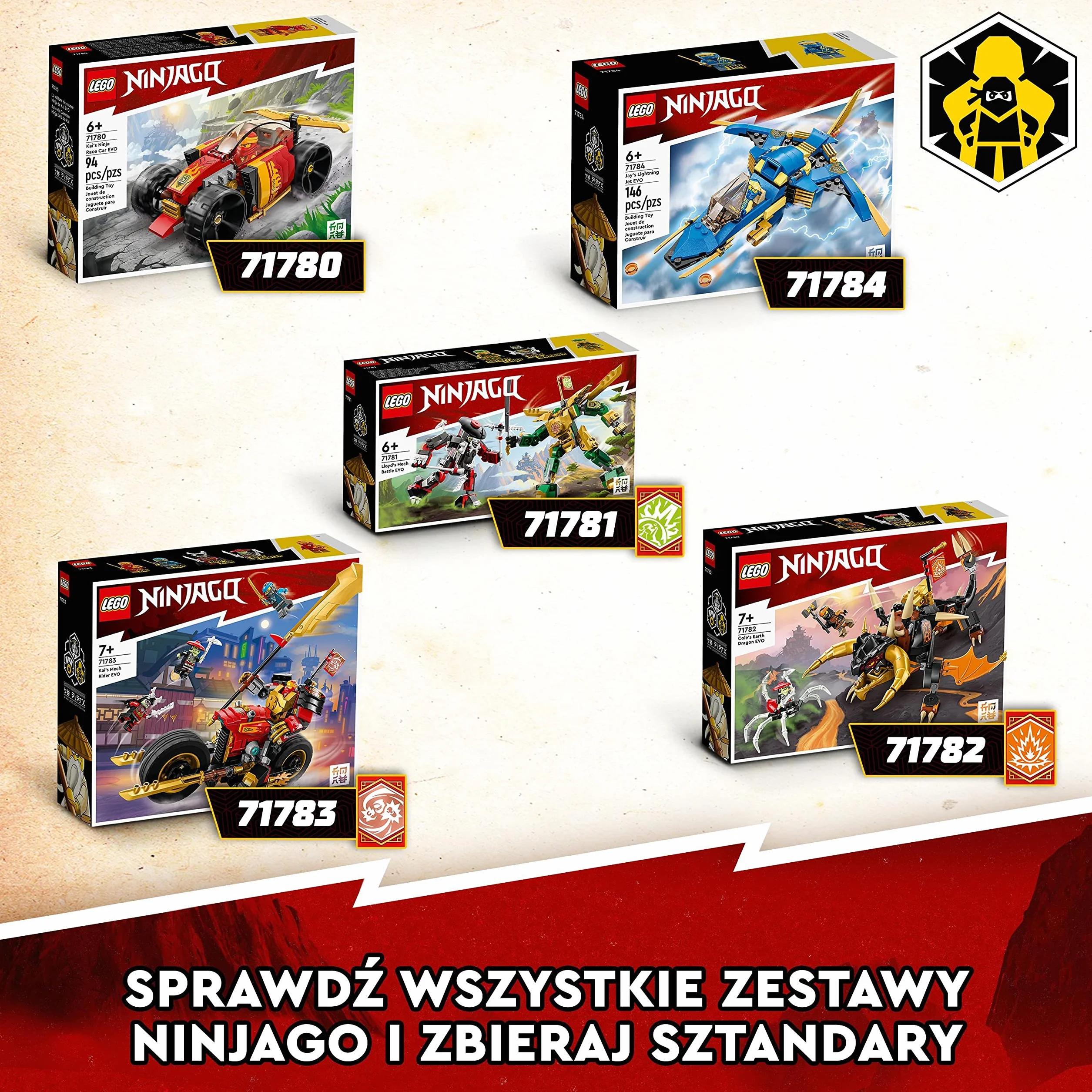 LEGO 71783 NINJAGO Jeździec-Mech Kaia EVO, Motocykl Ninja do Ulepszania, Figurka Mecha i 4 Minifigurki, Zabawki do Kolekcjonowania dla Dzieci od 7 Lat