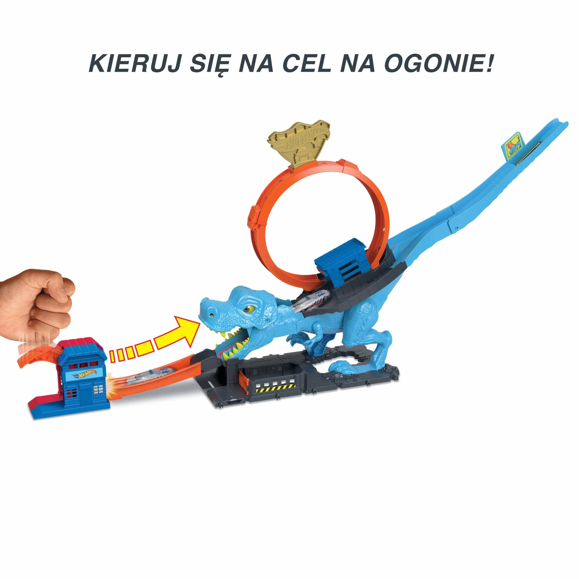 Hot Wheels City Pętla T-Rexa Zestaw z ogromną pętlą i starciem z dużym dinozaurem, HNP77