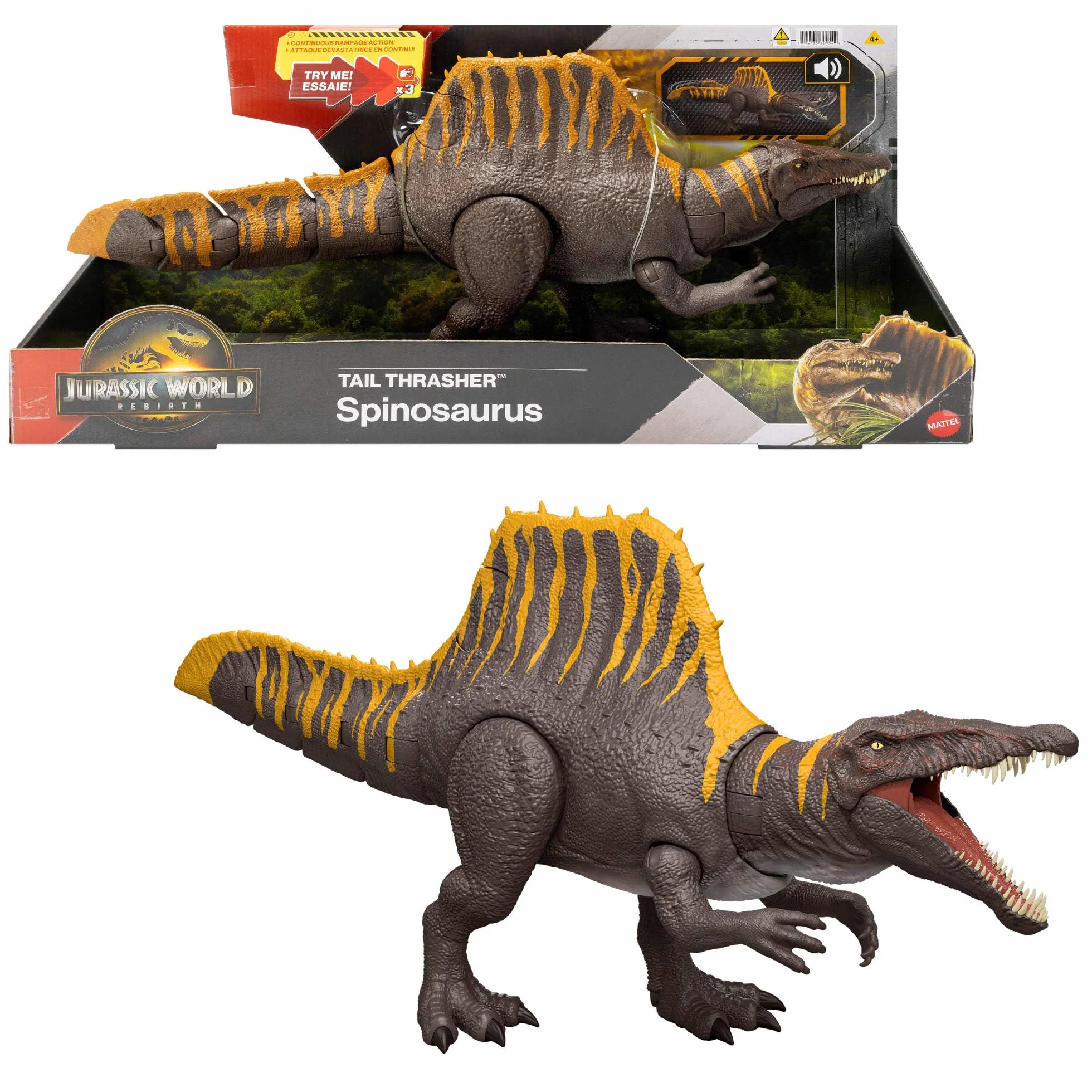 Mattel Jurassic World: Odrodzenie Tail Thrasher Spinozaur Podwójny atak Figurka dinozaura do ustawiania z 2 atakami i filmowym wyglądem, zabawka dinozaur dla dzieci, zabawa wirtualna, JGB57