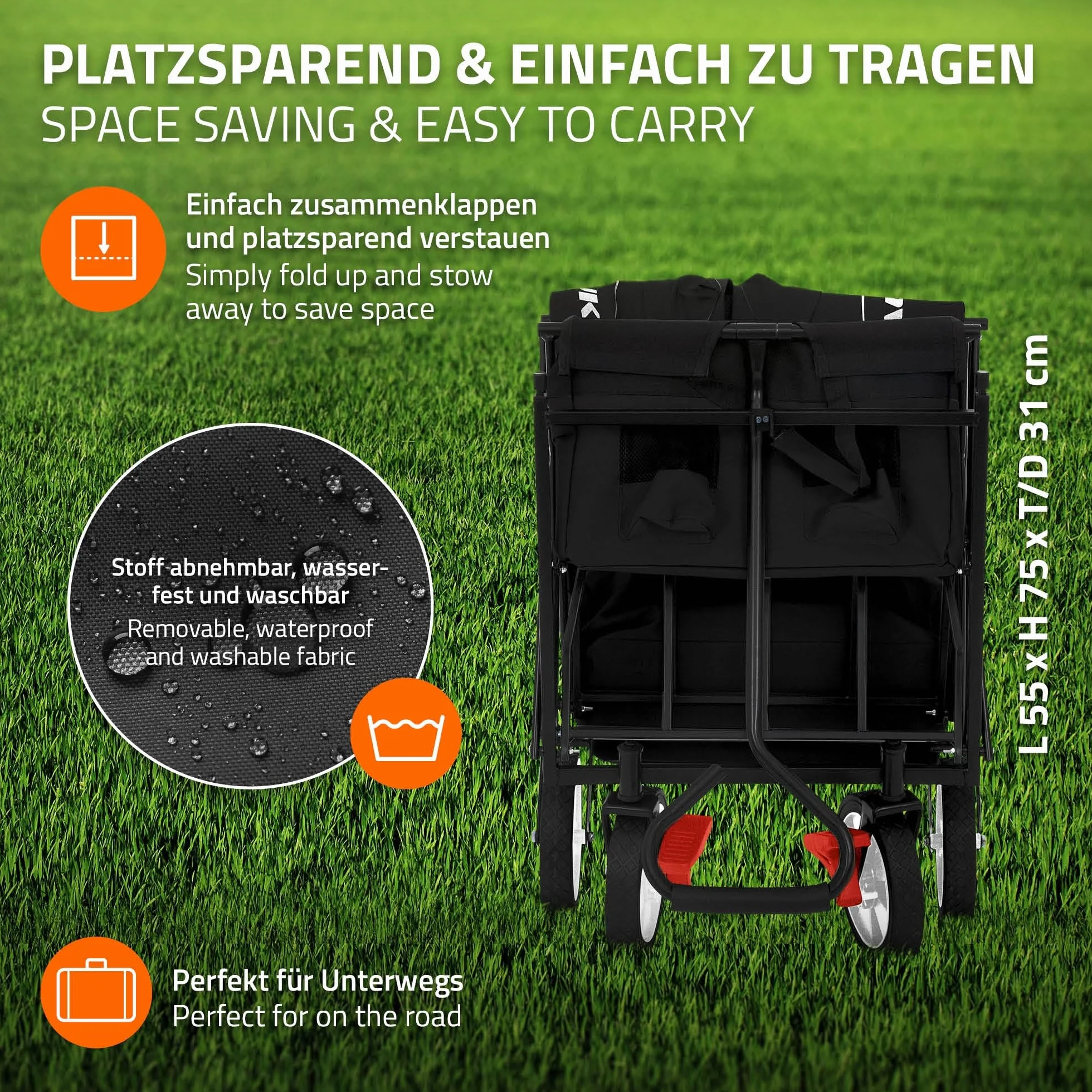 Hauki Wózek Reczny L Skladany z Dachem Czarny Wózek Transportowy dla Dzieci i Narzedzi Skladany z 2 Kieszeniami z Siatki i 1 Kieszenia Zewnetrzna z Hamulcem Przedniego Kola Maksymalny Udzwig do 80 kg