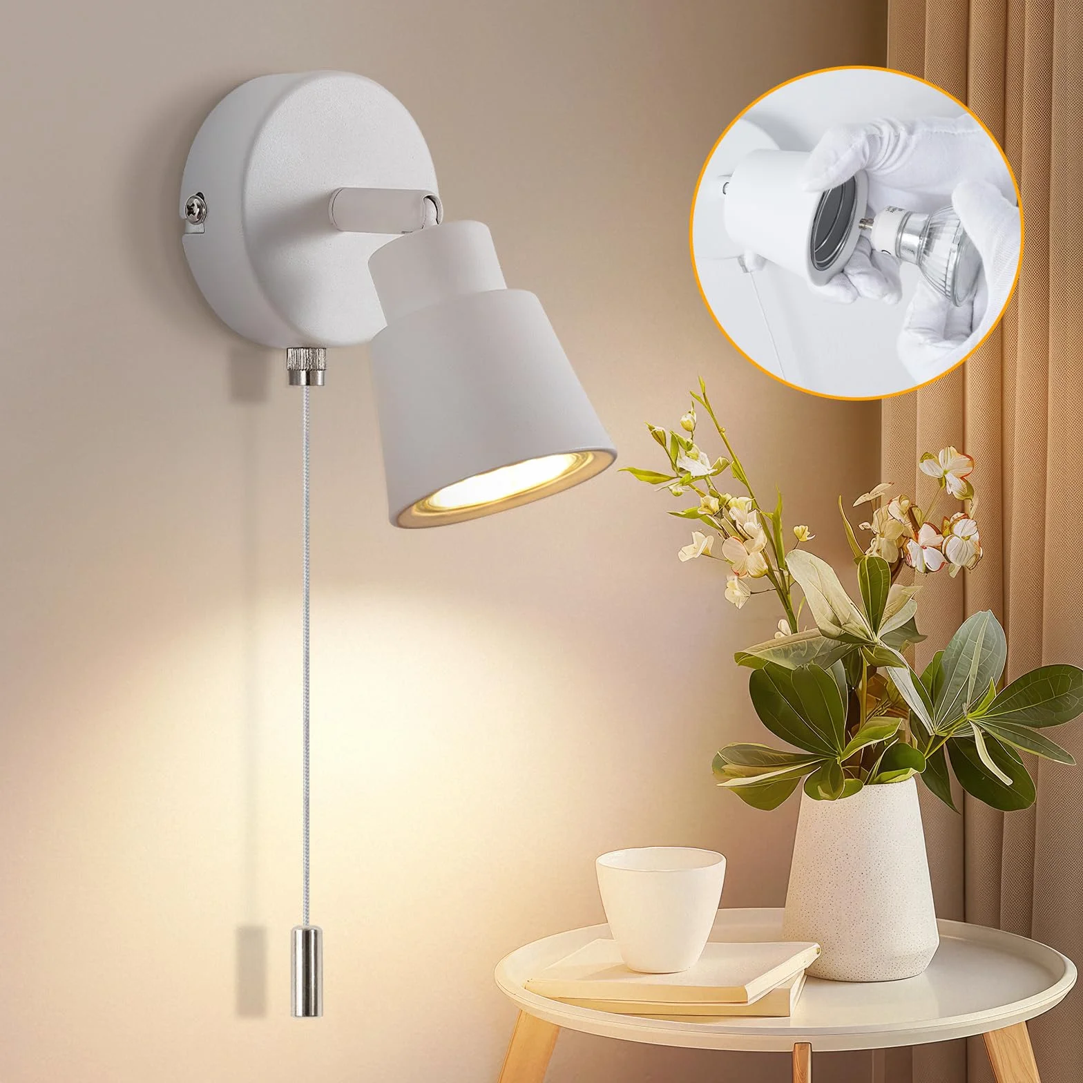 Biała lampa ścienna z przełącznikiem ciągowym GU10 – nowoczesna lampa do wnętrz, obracana o 350° – 50 W, przełącznik do sypialni, salonu, kuchni