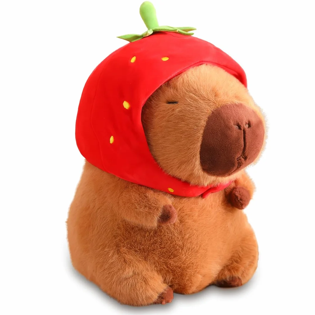 Capybara przytulanka 23 cm, kreskówka Capybara pluszowa zabawka z nakryciem głowy truskawki, urocza świnka wodna, prezent dla dorosłych i dzieci