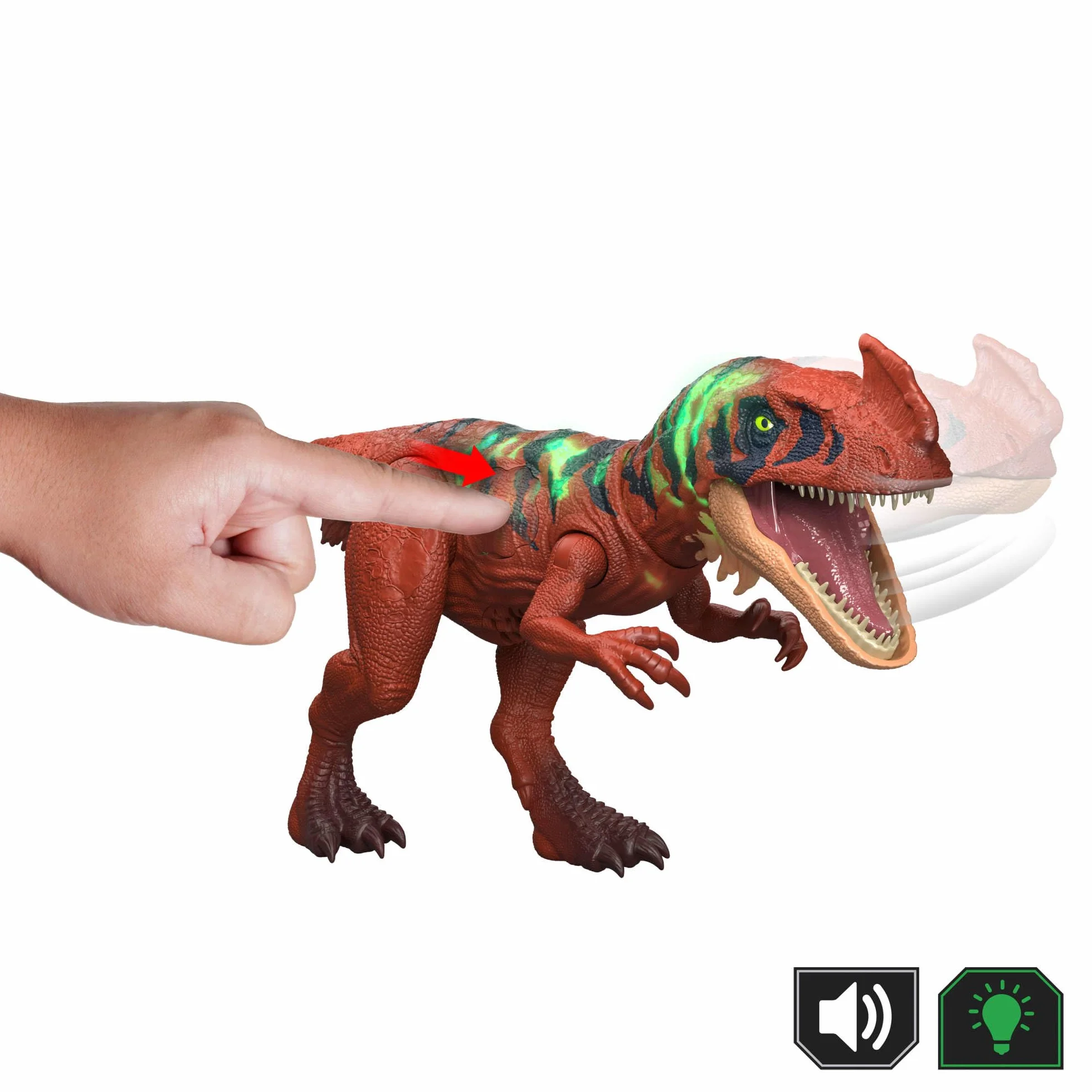 Mattel Jurassic World Afrowenator Ryczący dinozaur Figurka dinozaura, wielokierunkowy atak paszczą i dźwięk, zabawka interaktywna do ustawiania w różnych pozach, dinozaur zabawka dla dzieci 4+, JKL76