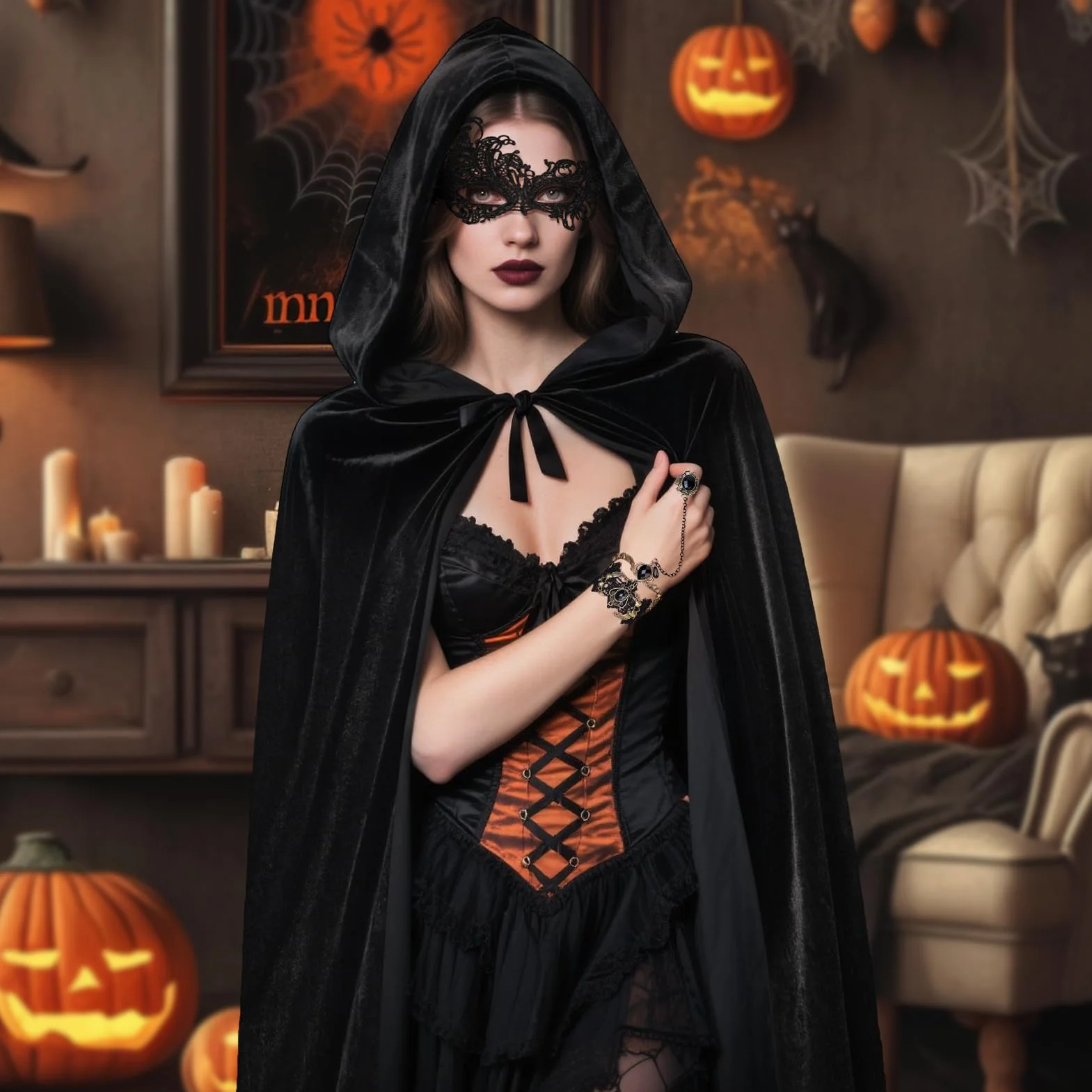 3-częściowy zestaw czarnych peleryn z kapturem, 140/150/170 cm, peleryna na Halloween, aksamitna peleryna z maską i gotyckim łańcuszkiem na palec, wampira, wampir, kostium wampira, na imprezę