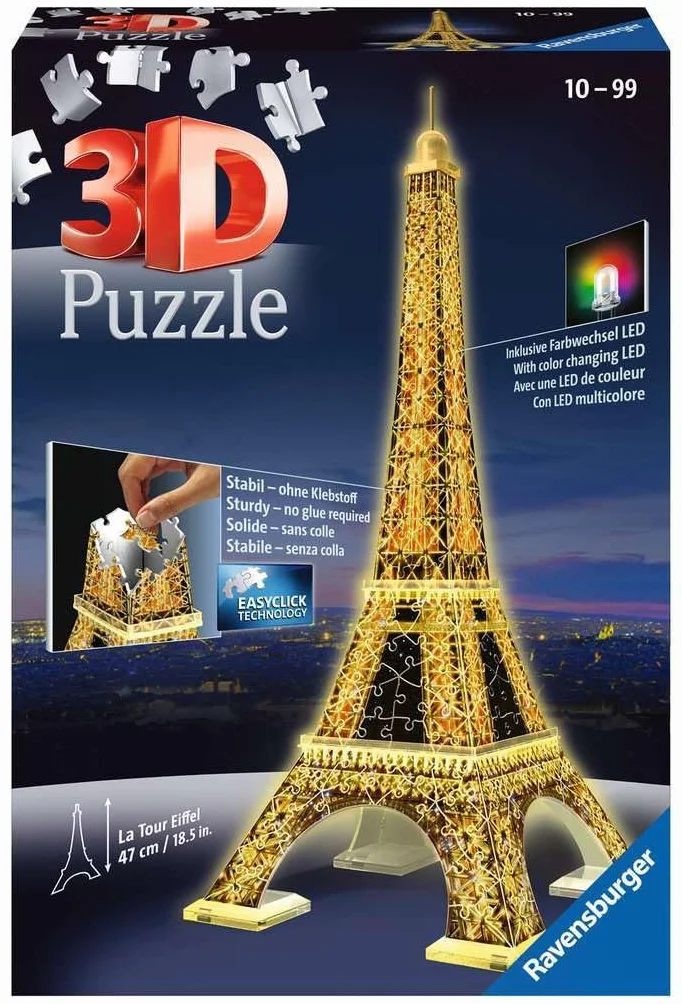 Ravensburger Puzzle 3D 12579 Ravensburger Wieża Eiffela 216 Elementów Puzzle 3D Budynki Nocą (12579) Dla Dzieci I Dorosłych. Technologia Easy Click - Każdy Element Pasuje Idealnie,Meerkleurig