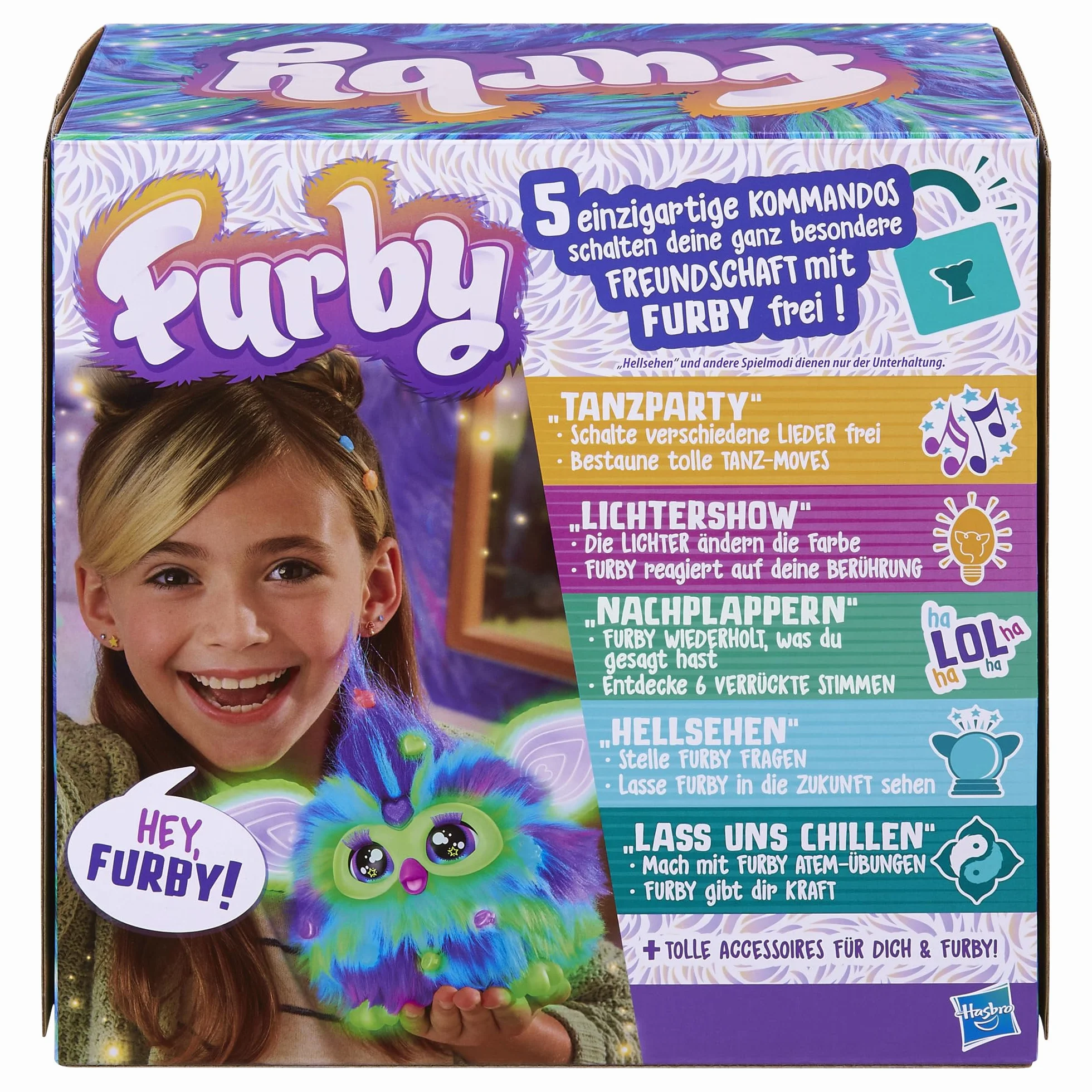 Furby Galaxy, interaktywna pluszowa zabawka w kolorowych kolorach, świeci w ciemności, mówi po niemiecku i furbisku, ok. 15 cm wysokości, piękny prezent dla Świętego Mikołaja lub jako prezent skrzata