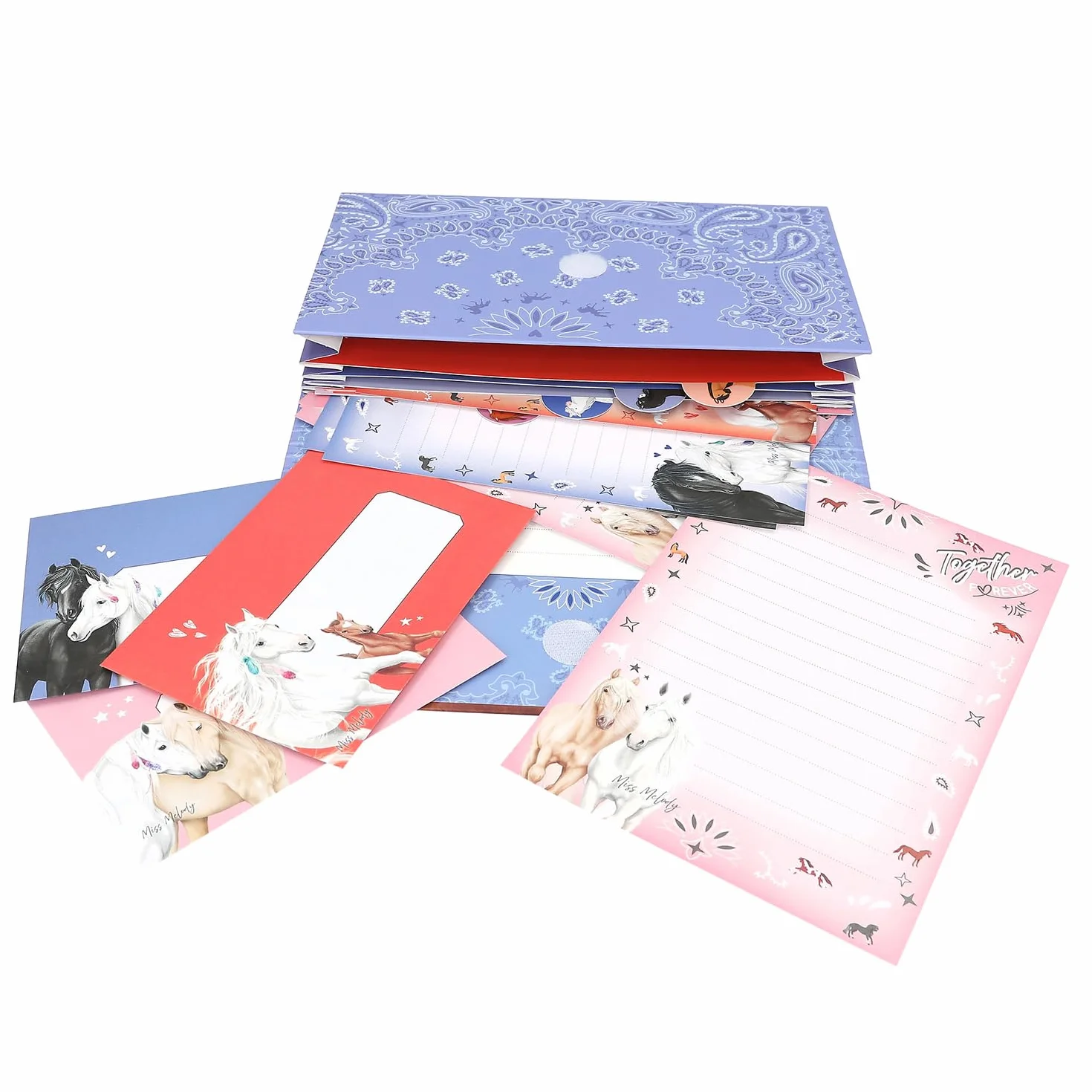 Depesche 12934 Miss Melody Bandana - papeteria w fioletowej teczce z motywem konia, w tym 24 papiery firmowe w 3 wzorach i 18 kopert