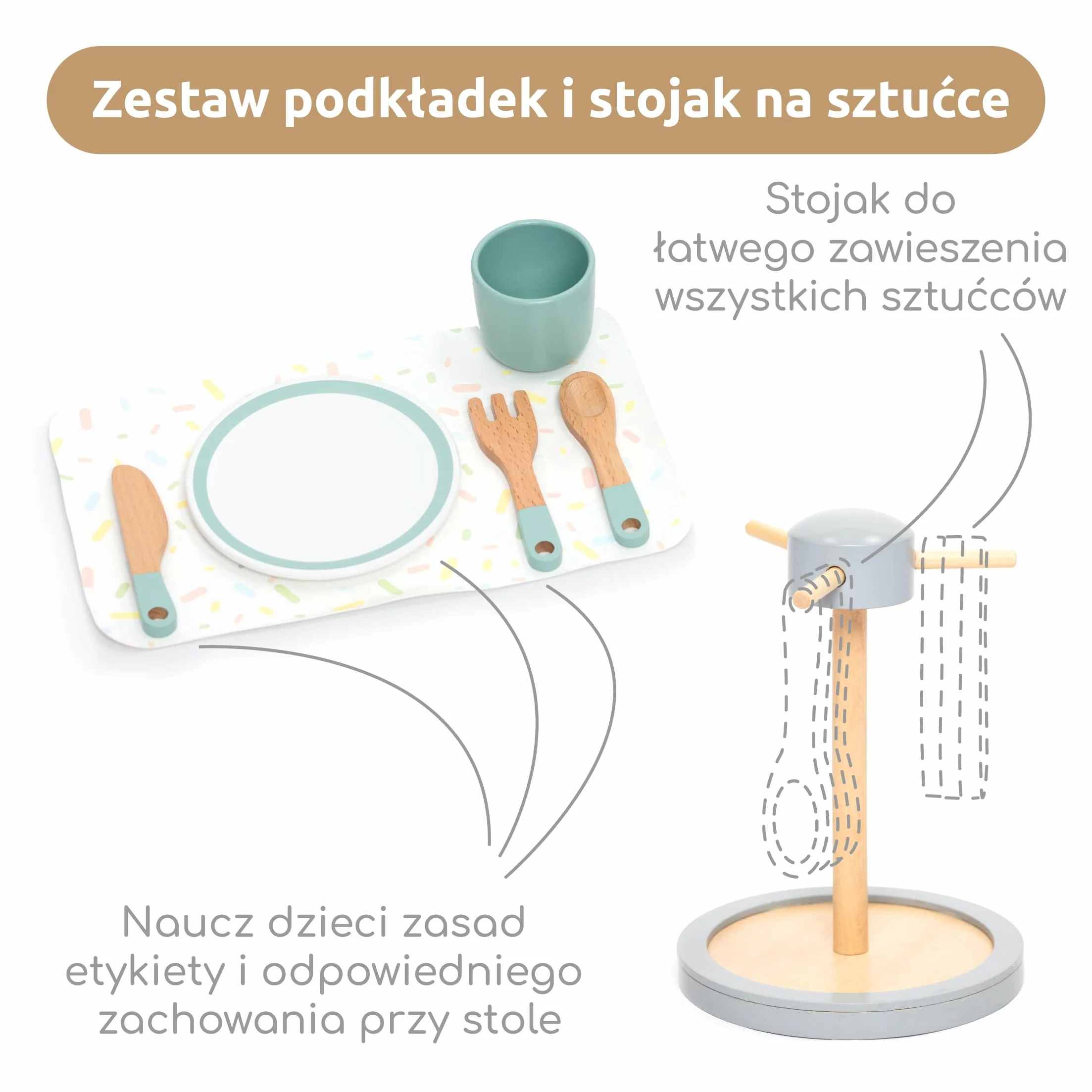 UMU Duży zestaw naczyń z drewna – 28-częściowy serwis stołowy do kuchni dziecięcej z talerzami, kubkami, sztućcami i stojakiem – akcesoria kuchenne do kuchni do zabawy – naczynia do odgrywania ról od