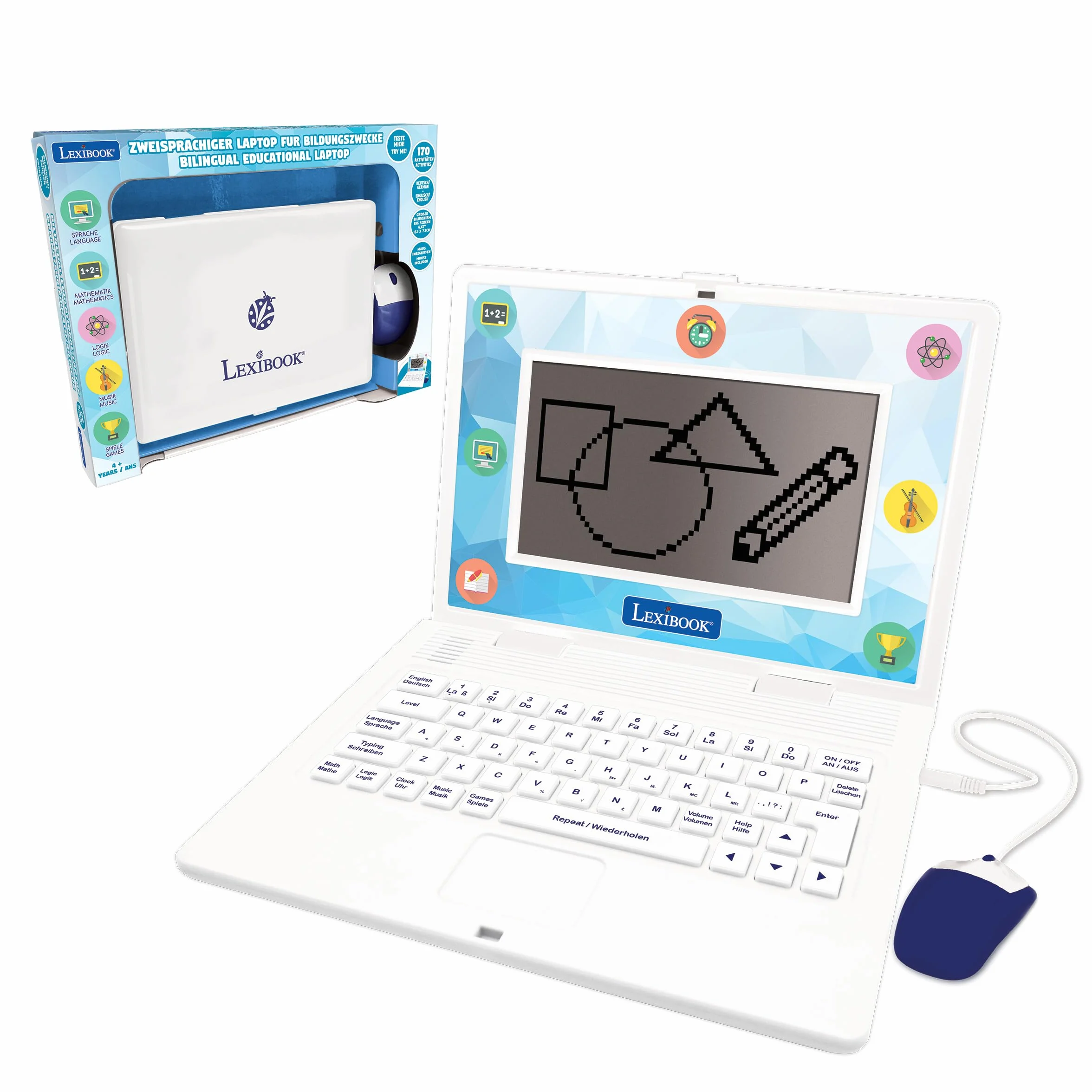 Lexibook, Dwujęzyczny i Pedagogiczny Laptop w Języku Angielskim, Niemieckim, 170 Aktywności do Nauki, Gier i Muzyki, Duży Ekran, JC599i3