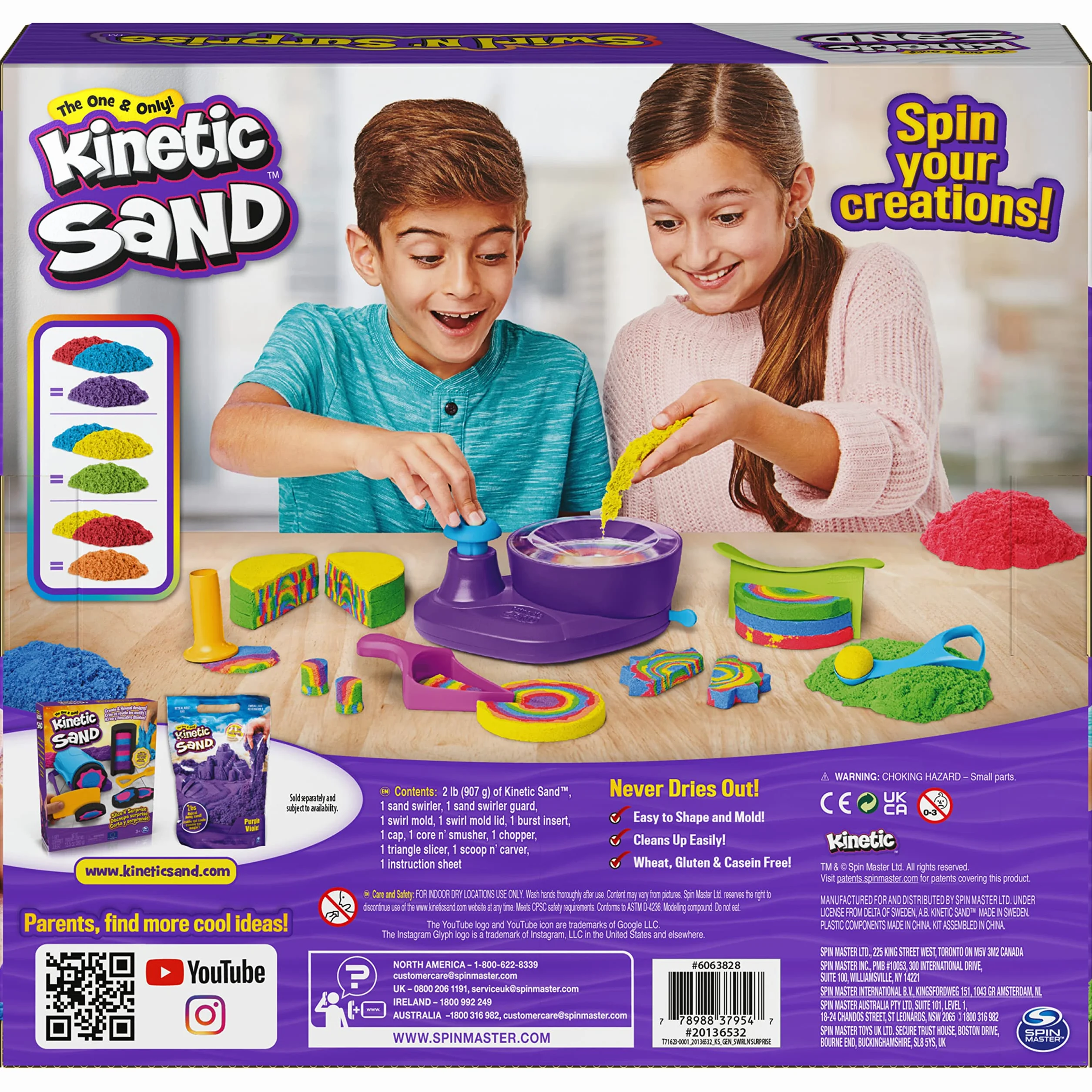 Kinetyczny piasek, zestaw Swirl N’ Surprise z piaskiem do zabawy, w tym czerwonym, niebieskim, zielonym, żółtym i 4 narzędziami, zabawki sensoryczne dla dzieci w wieku 3 lat i starszych