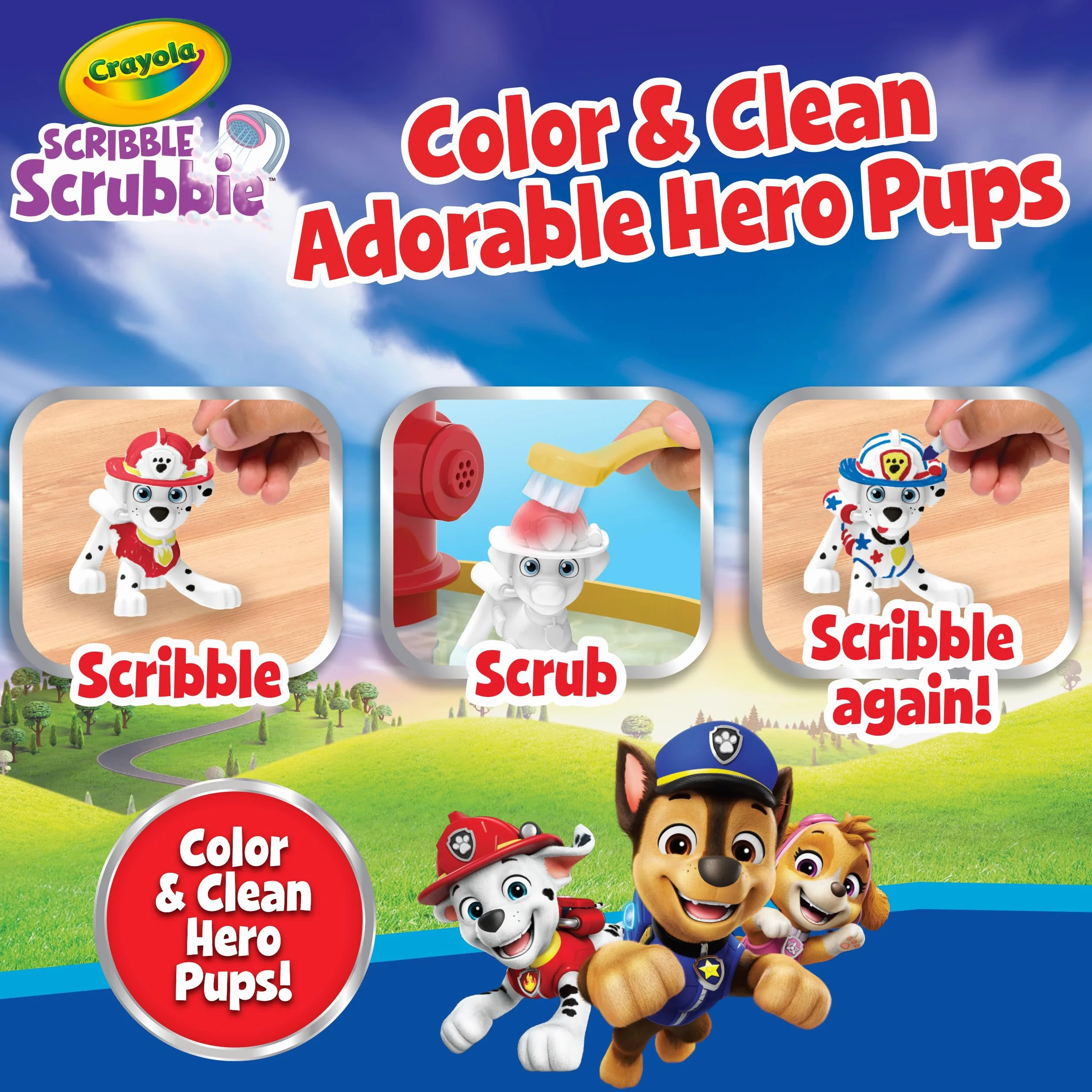 Crayola - Washimals Paw Patrol, zestaw kreatywny zawierający 5 szczeniąt, 8 flamastrów zmywalnych, wanienkę z prysznicem, szczoteczkę, zabawa i prezent dla dzieci, od lat 3, 74-0291