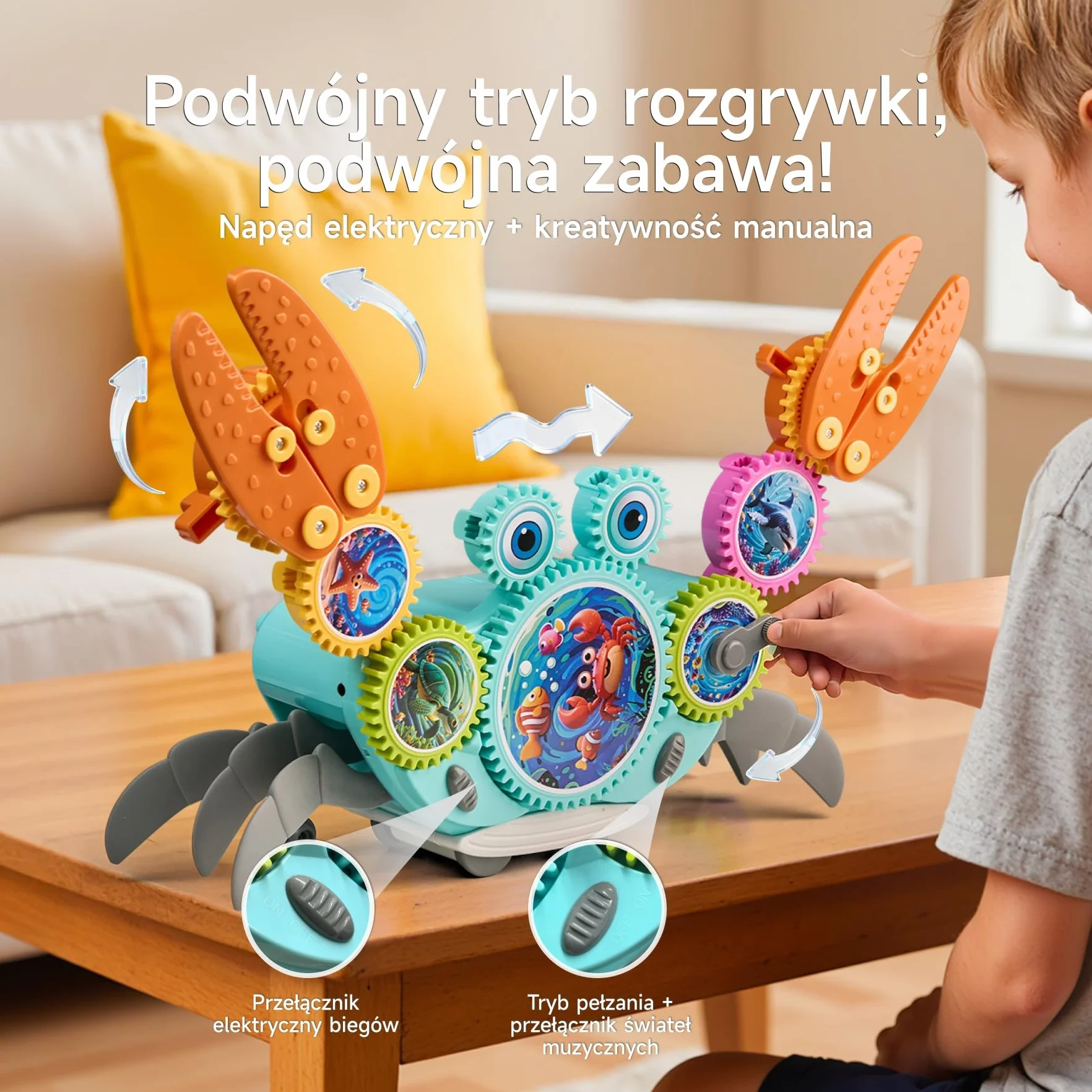 Klocki zębate krab, kreatywna zabawka konstrukcyjna z ruchem bocznym, muzyką i światłem, Montessori sensoryczna edukacyjna z wykrywaniem przeszkód, dla dzieci od 3 lat