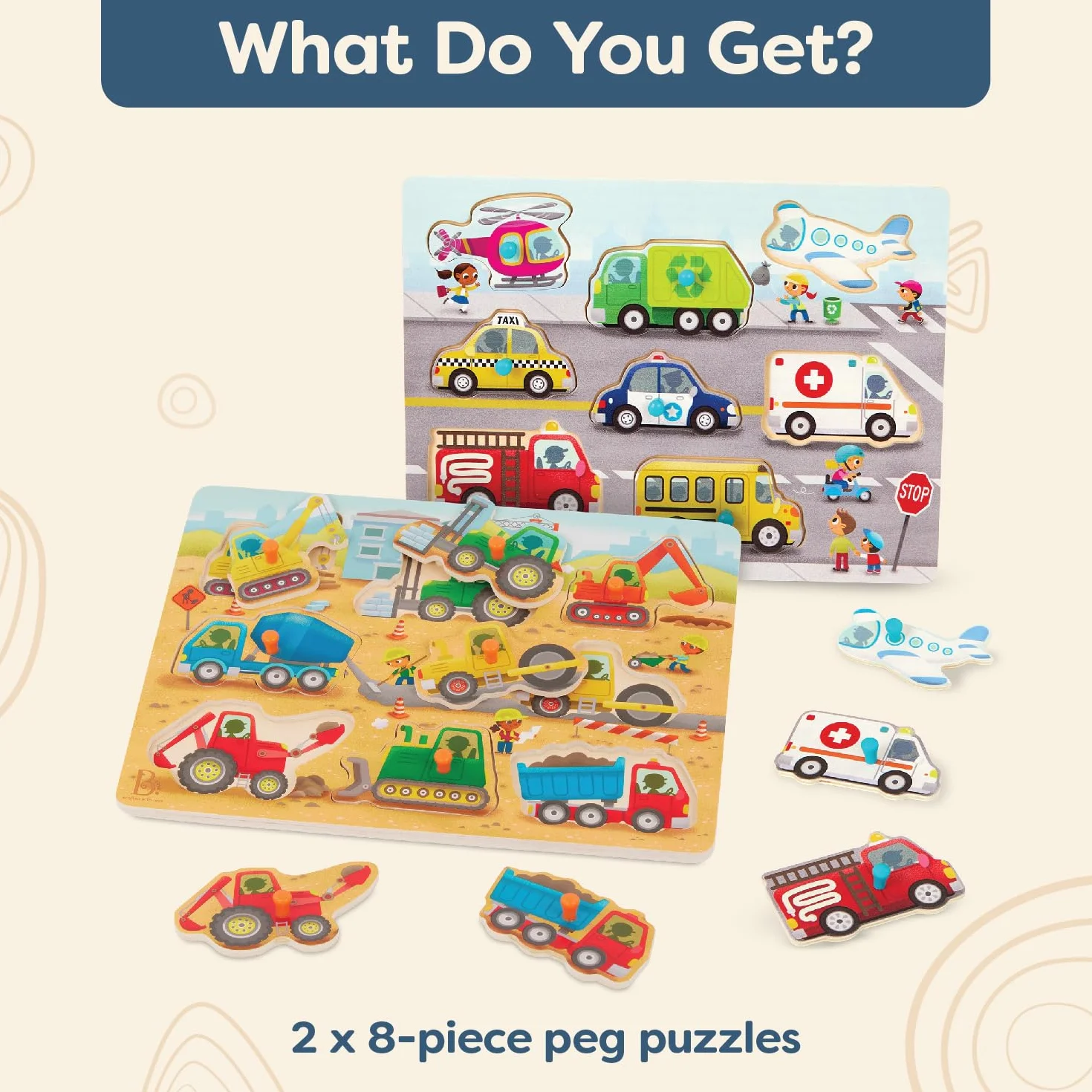 B. toys Drewniany Peg 8-częściowy zestaw puzzli dla maluchów – samochody, 2 lata + Peek & Explore Construction Trucks & Vehicles