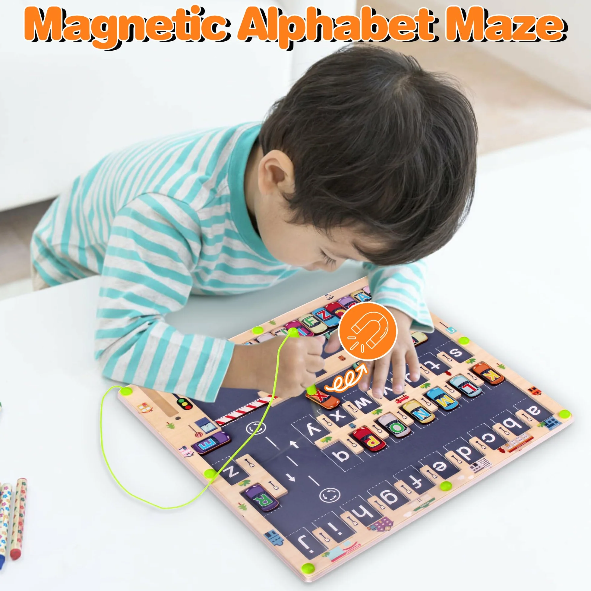 Gra magnetyczna Montessori, drewniany labirynt zabawka dla dzieci od 3 do 4 lat, alfabet, zabawka edukacyjna, zabawka motoryczna, zabawka sensoryczna dla dzieci 5-7, VL_MAGCAR26