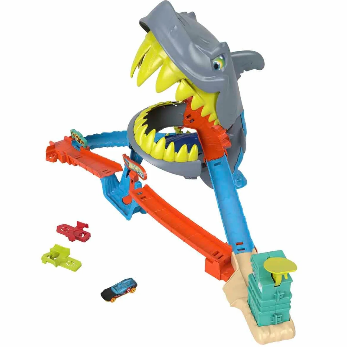 Hot Wheels City Rekin Starcie na plaży Tor Zestaw + metalowy samochodzik w skali 1:64, 2 sposoby zabawy, tor samochodowy, zabawka dla dzieci 4+, JHL96