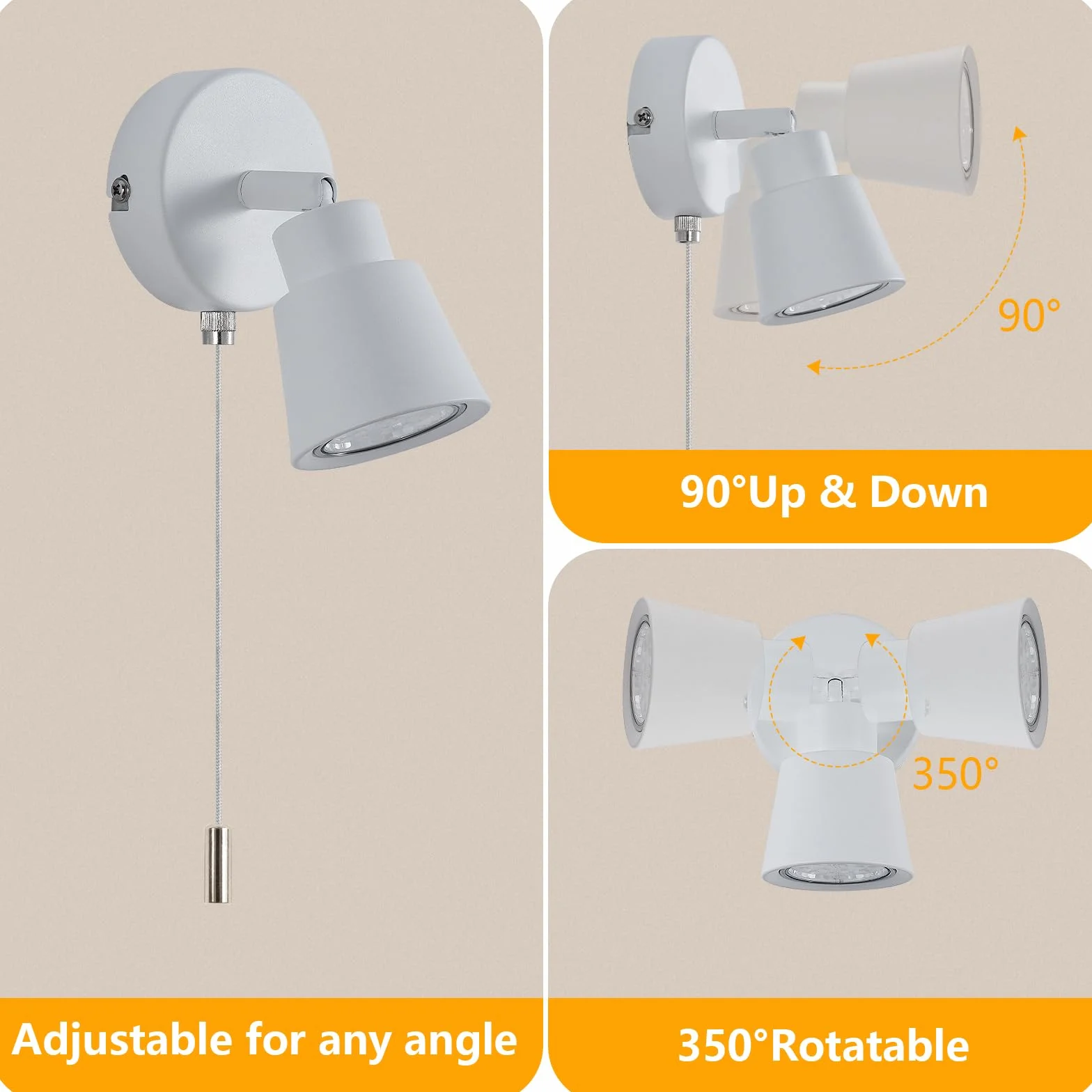 Biała lampa ścienna z przełącznikiem ciągowym GU10 – nowoczesna lampa do wnętrz, obracana o 350° – 50 W, przełącznik do sypialni, salonu, kuchni