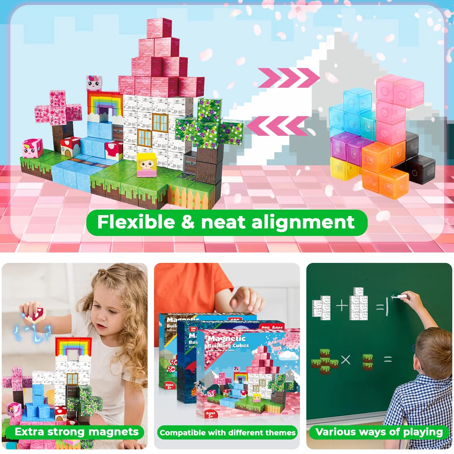 Annexfun Klocki magnetyczne, 100 szt., magnetyczne kostki z jednorożcem, magnetyczne zabawki dla malucha Montessori, prezenty świąteczne i urodzinowe, zabawki sensoryczne STEM dla dziewczynki w wieku