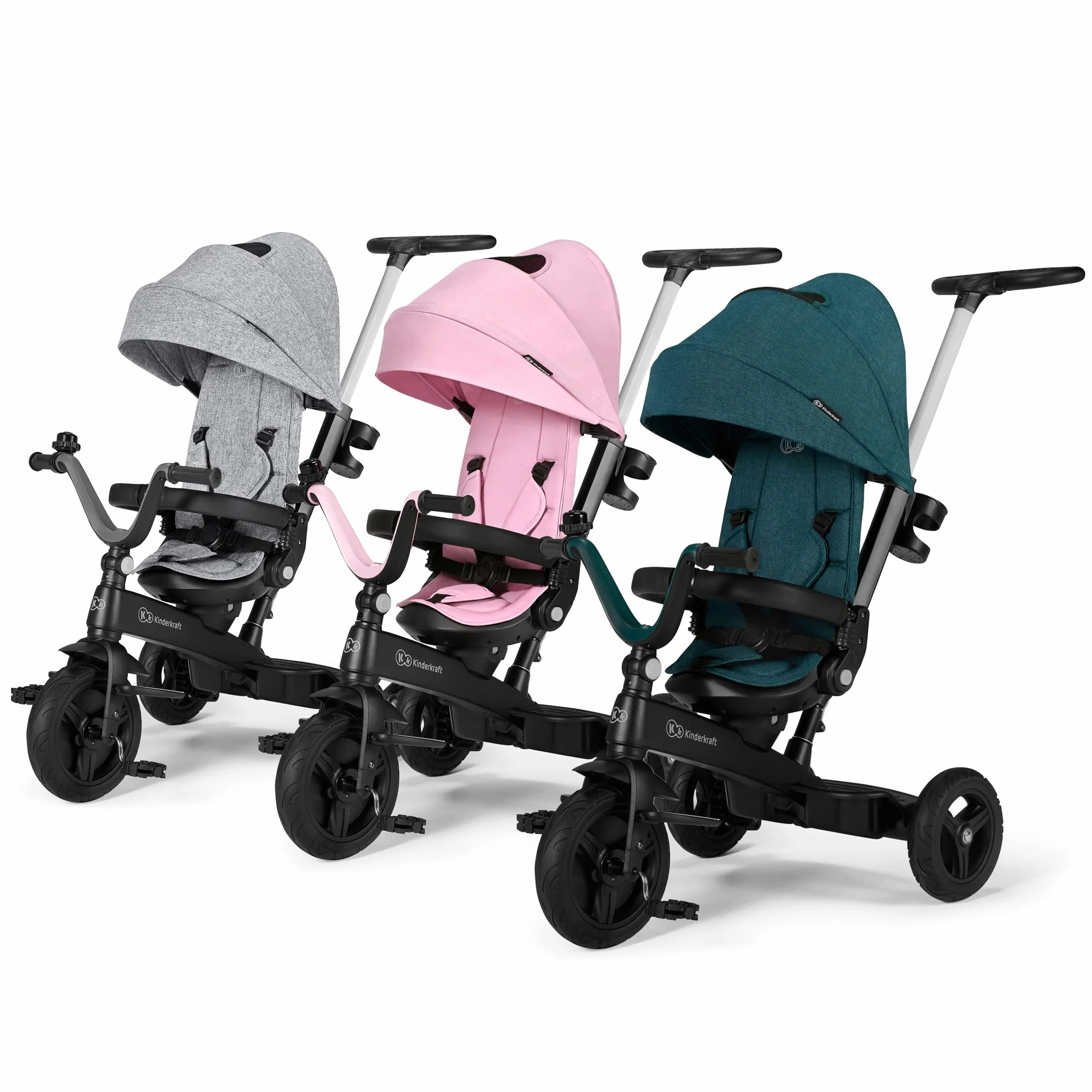 Kinderkraft Rowerek trójkołowy 5w1 TWIPPER, Trójkołowiec, Obrotowe siedzisko 360°, Wolne koło, Daszek przeciwsłoneczny, Akcesoria, Dzwonek, Uchwyt na kubek, od 6 Miesięcy do 5 lat, Różowy