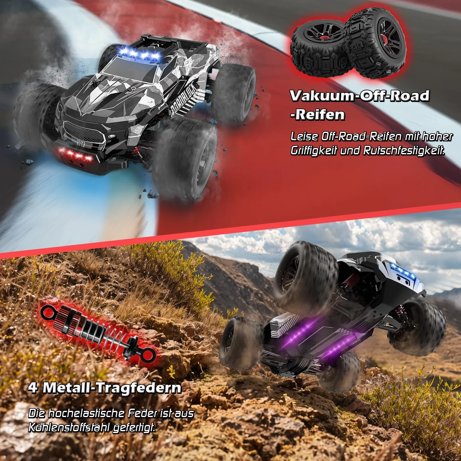 Zdalnie sterowany samochód, 1/14 RC samochód z 7 kolorami światła, 40 km/h, monstertruck Rc Truck, 2,4 GHz Rc Auto Offroad z dwoma bateriami, 4WD wodoszczelny RTR All Terrain, RC Buggy dla dzieci i