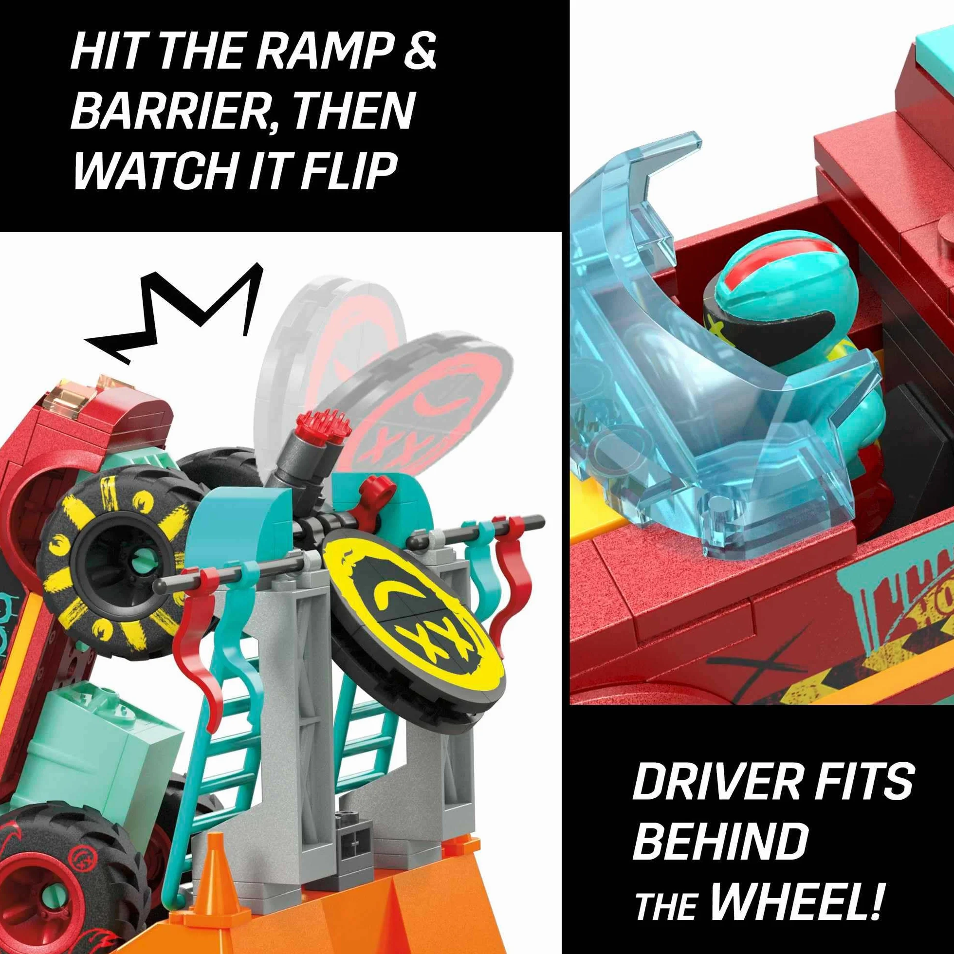 MEGA Hot Wheels Monster Trucks Demo Derby Ekstremalna sztuczka Zestaw konstrukcyjny zawierający 151 elementów i 1 mikrofigurkę, czerwony pojazd, pomysły na prezent dla dzieci, HNG53