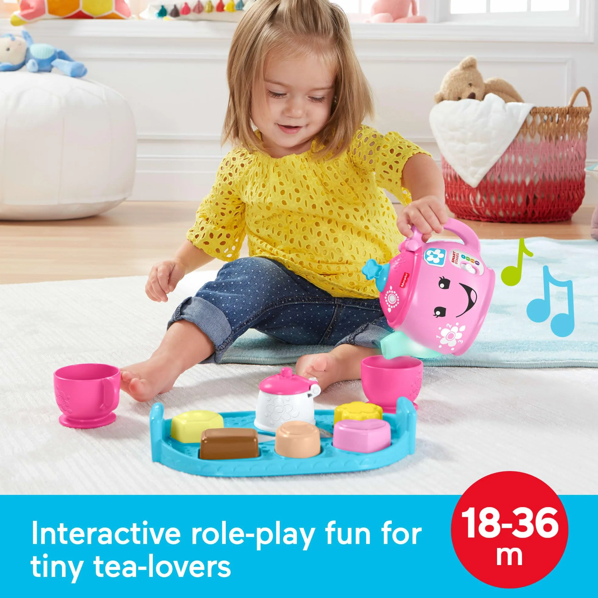 Fisher-Price Zestaw do herbaty Laugh & Learn Sweet Manners, zabawka do wczesnego rozwoju i aktywności, uczy dobrych manier, dzielenia się i nie tylko, w wieku 18-36 miesięcy, DYM76