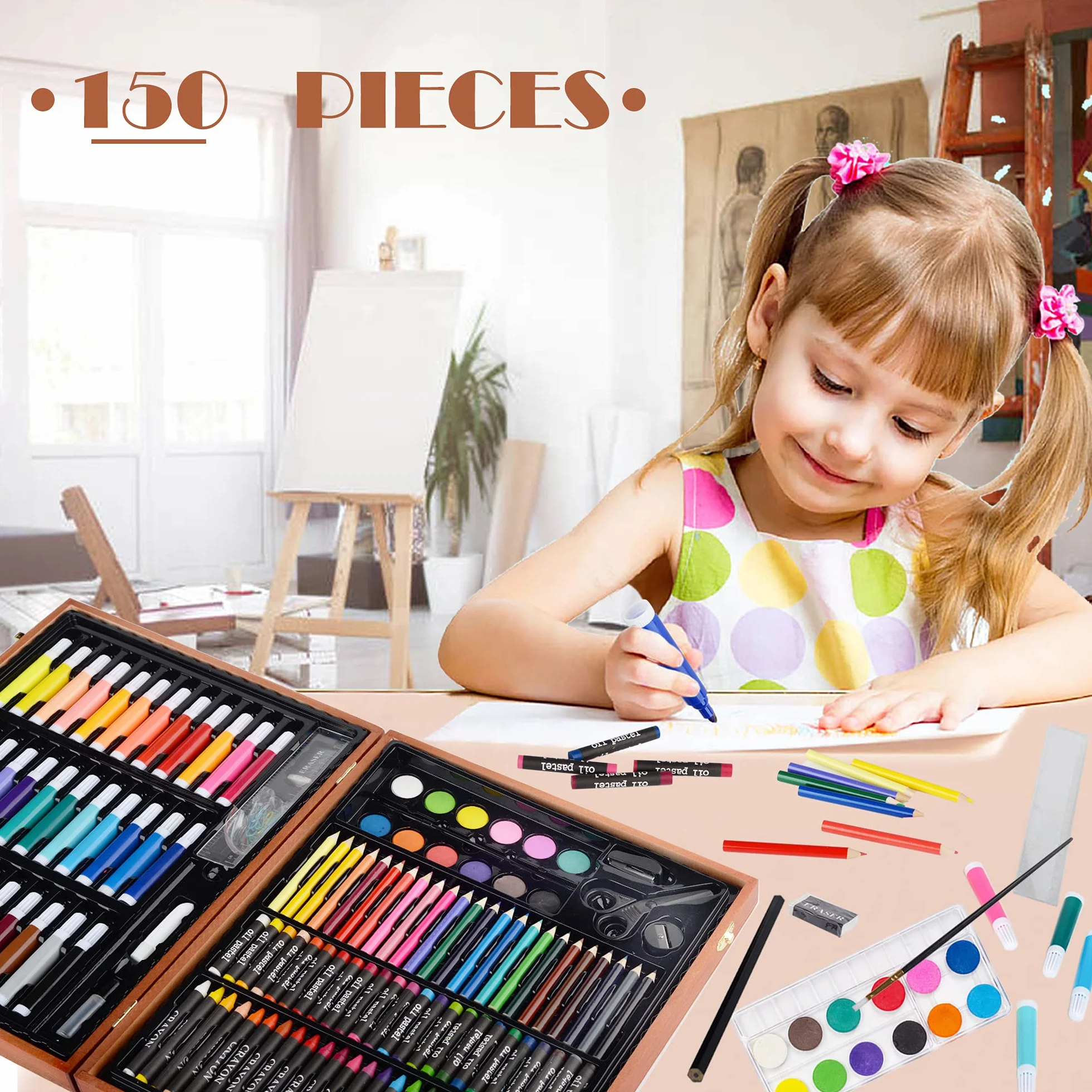 KINSPORY 150 PCS Zestaw artystyczny dla dzieci, Deluxe Pudełko do malowania, Kolorowanie Rysowanie Przybory artystyczne Prezent dla artystów Nastolatki Chłopcy Dziewczynki 4 5 6 7 8 9 10 11 12